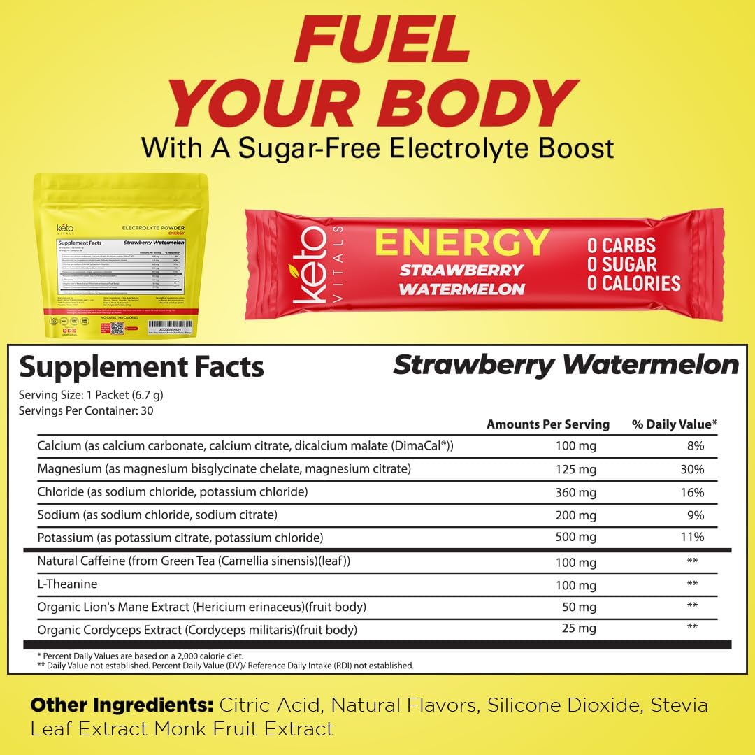 Keto Vitals Electrolyte Energy Drink Powder Packets - Electrolyte Supplement for Energy and Rehydration - Strawberry Watermelon Keto Powder Packets, 30 Count