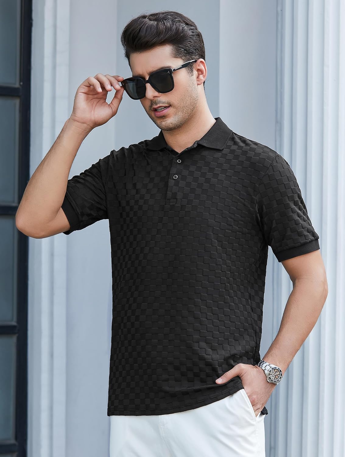Esabel.C Golf Shirts for Men Dry Fit Performance Short Sleeve Print Moisture Wicking Collared Shirt