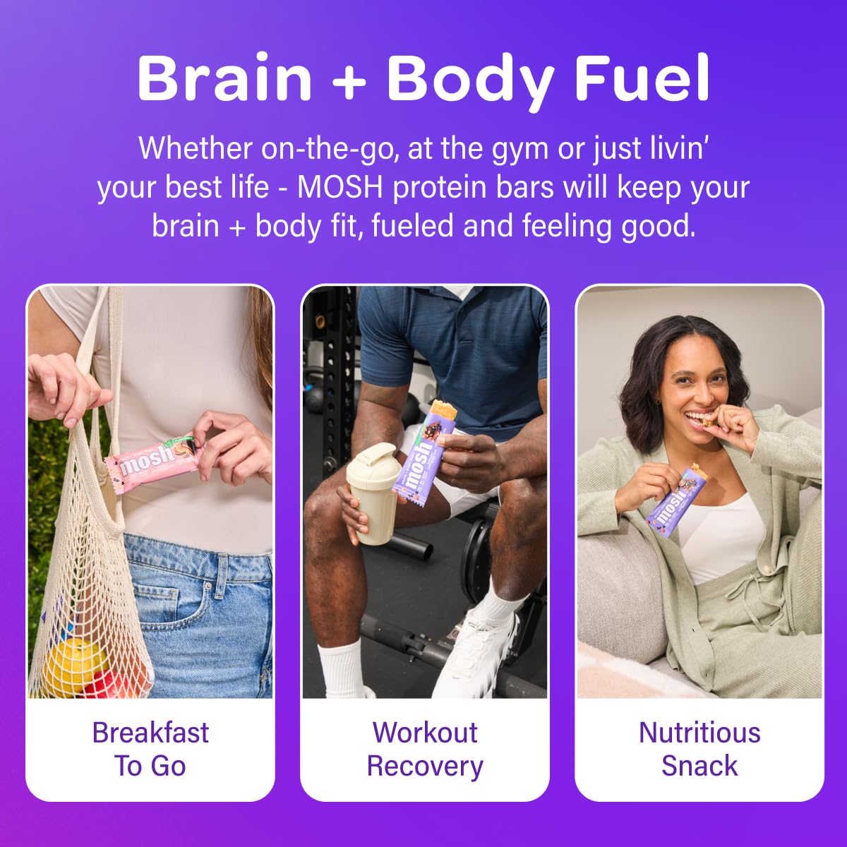 MOSH Peanut Chocolate Chip Vegan Protein Bars, Plant Based, Keto, Gluten Free, Brain Healthy Snack with Cognizin, Ashwagandha and Lion's Mane, 12 Count