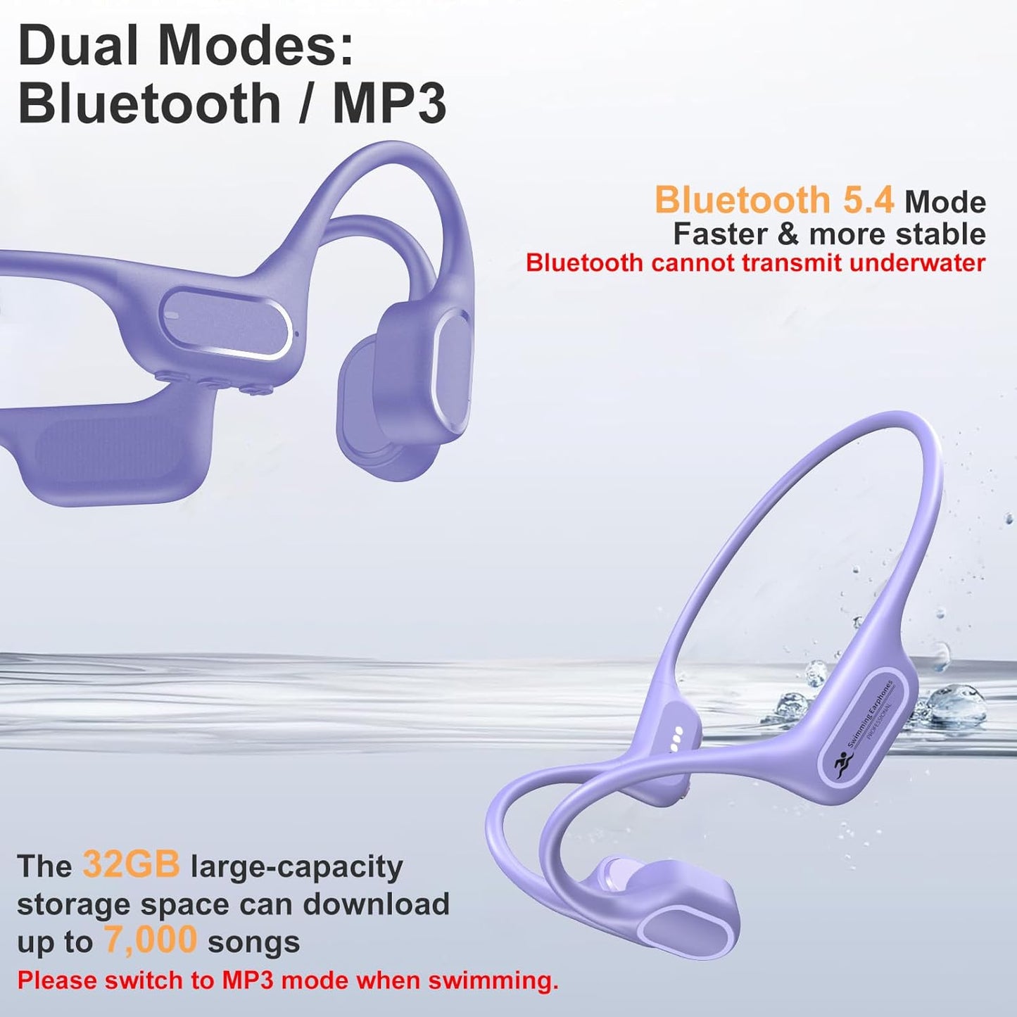 Bone Conduction Bluetooth Headphones-SurfAudio, IP68 Waterproof Swimming Headphones with 32GB MP3 Player, Lightweight Open Ear Design for Swimming/Surfing/Marathon/Cycling(Purple)