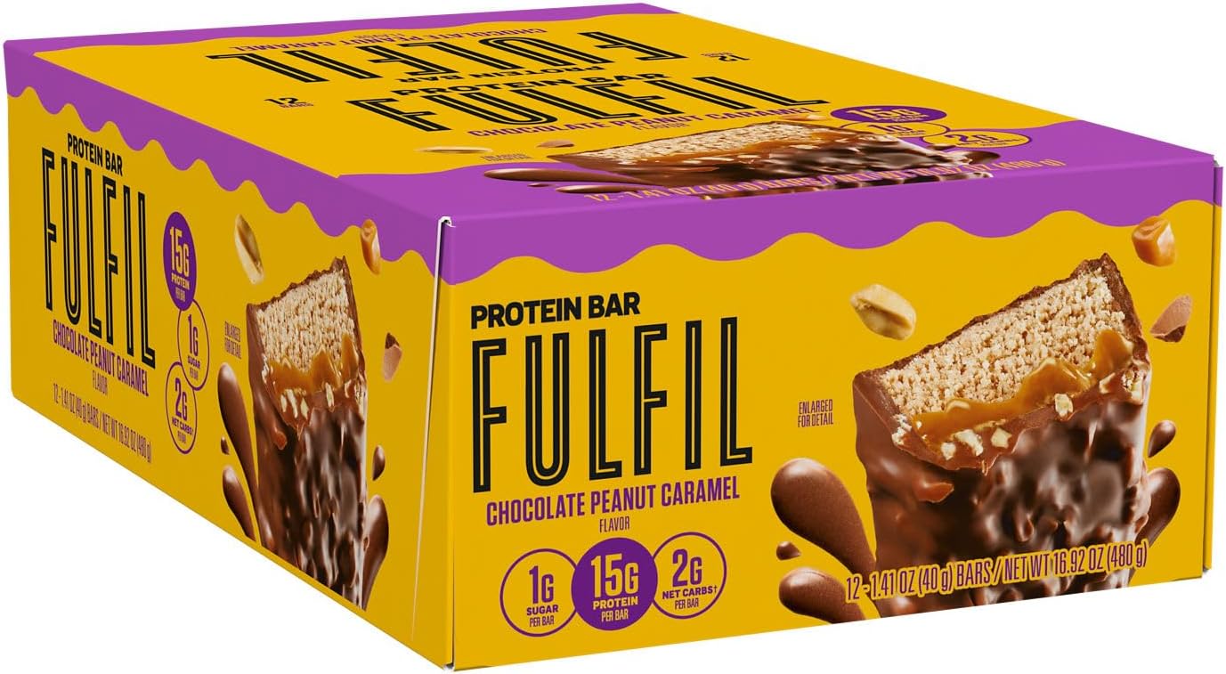 FULFIL Protein Snack Bars, Chocolate Peanut Caramel Flavored, Gluten Free with 15g Protein, Pantry Staples, 12 Count