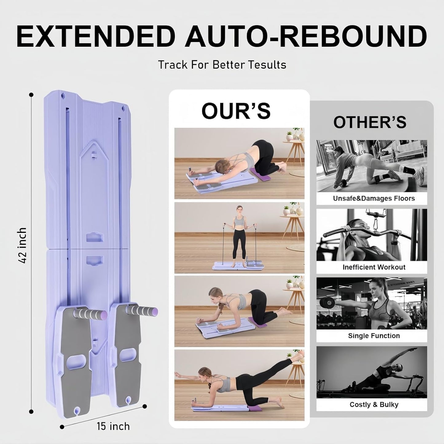 Pilates Board - 2025 Pilates Reformer Set for Full Body Workouts, Foldable Ab Core Trainer Board, 5 in 1 Multi-Purpose Pilates Board for Home with Resistance Bands, Ideal for Women & Men (Purple, L)