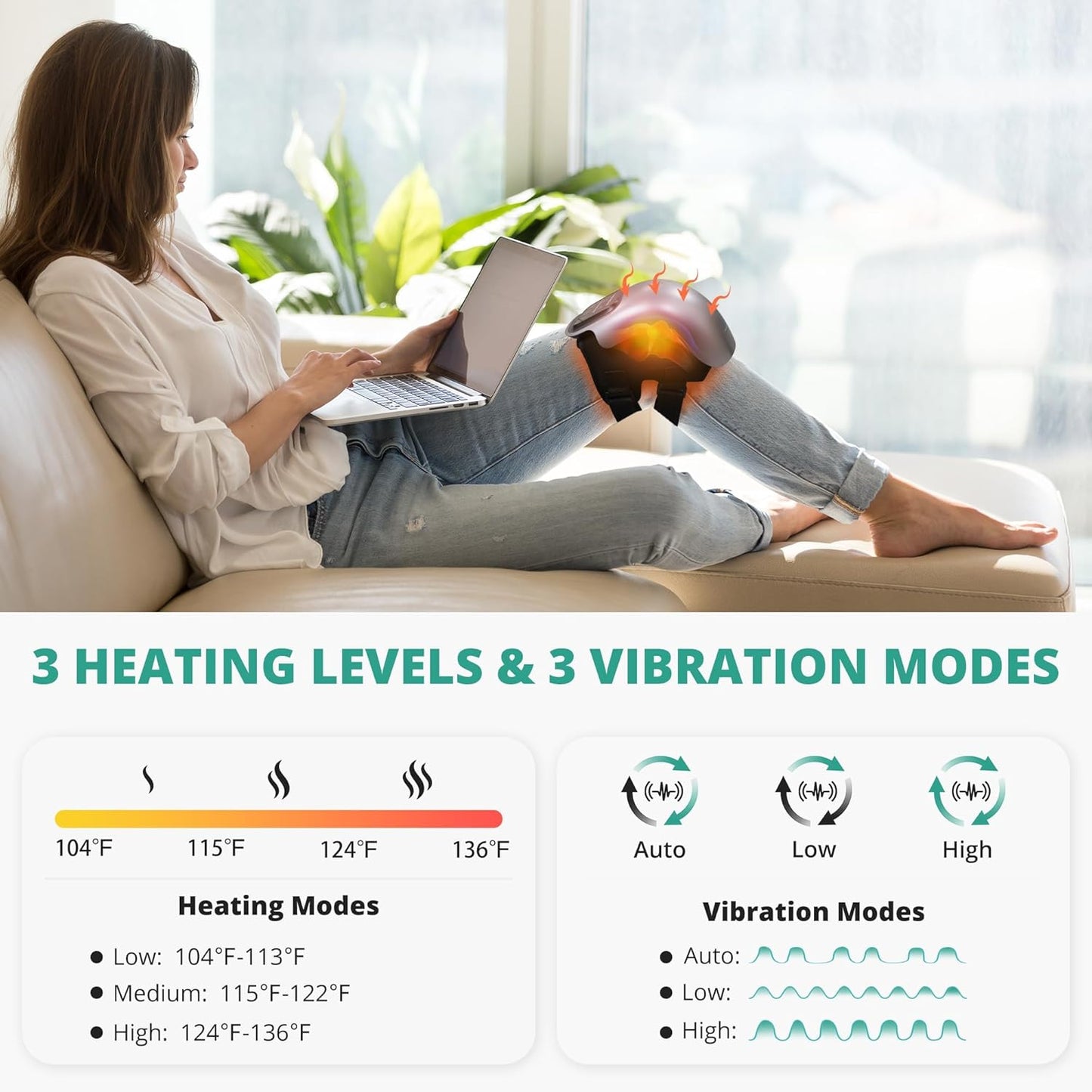 Medcursor Knee Massager with Heat, Portable Massager with 3 Heating Levels and 3 Vibration Modes, Large LED Screen, Adjustable Straps and Timer