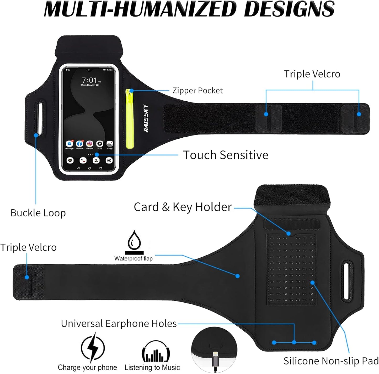 Running Armband with Earphone Bag Cell Phone Armband for iPhone 16 15 Pro 14 Plus 13 11 XR XS, Galaxy S24/S10 Water Resistant Sports Phone Holder Case & Zipper Slot Car Key Holder for 6.7 inch Phone