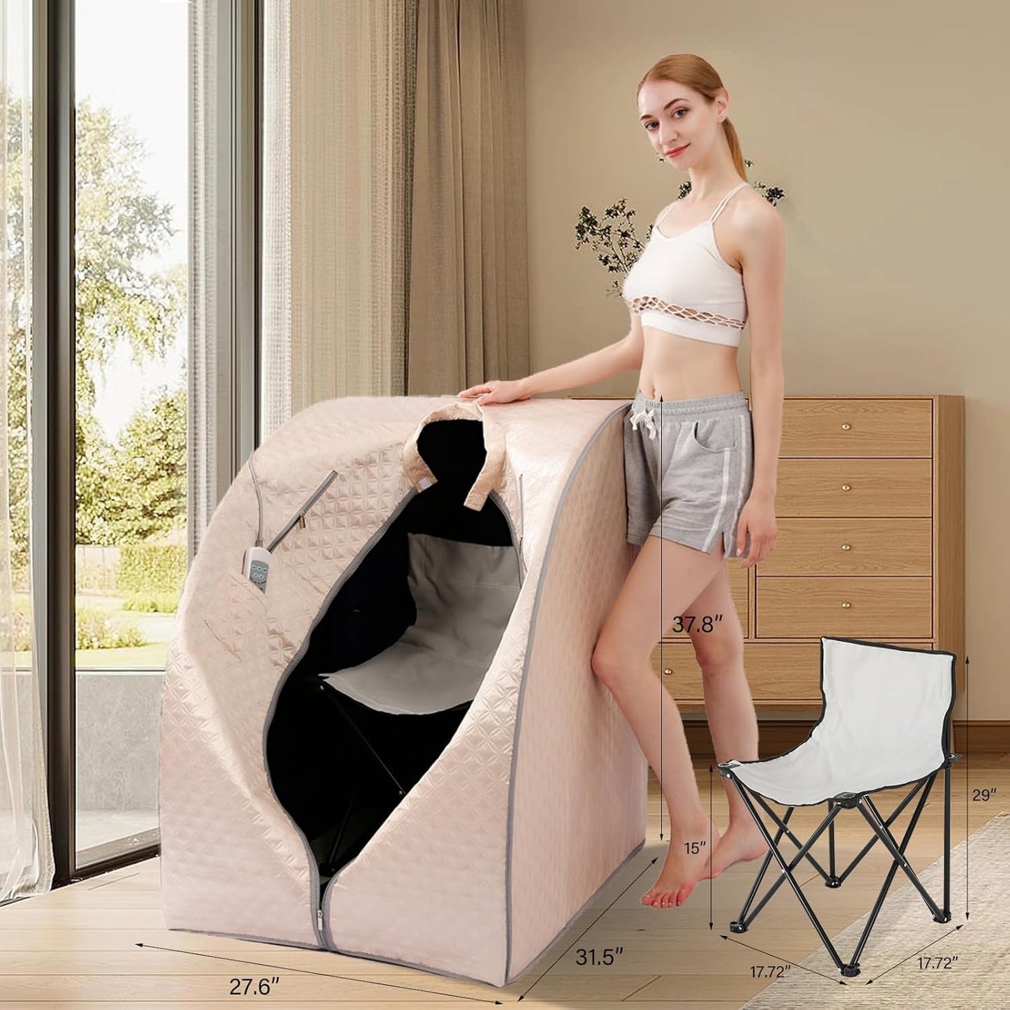 Smartmak Far Infrared Sauna, Full Body One Person Portable SPA Set with Time & Tempreture Remote Control, Heating Foot Pad and Foldable Reinforced Chair (L 27.6’’ x W 31.5’’ x H 37.8’’)- Pearl Pink