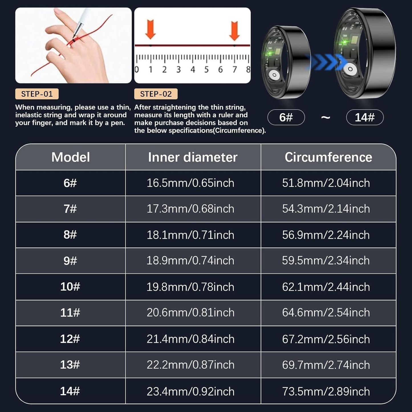 Health Tracker Ring, Smart Health Ring for Women Men with Heart Rate, Blood Oxygen, Sleep Monitor, Steps,Calories, No Subscription Fee, IP68 Waterproof Smart Ring for iPhone & Android (Black, 11#)
