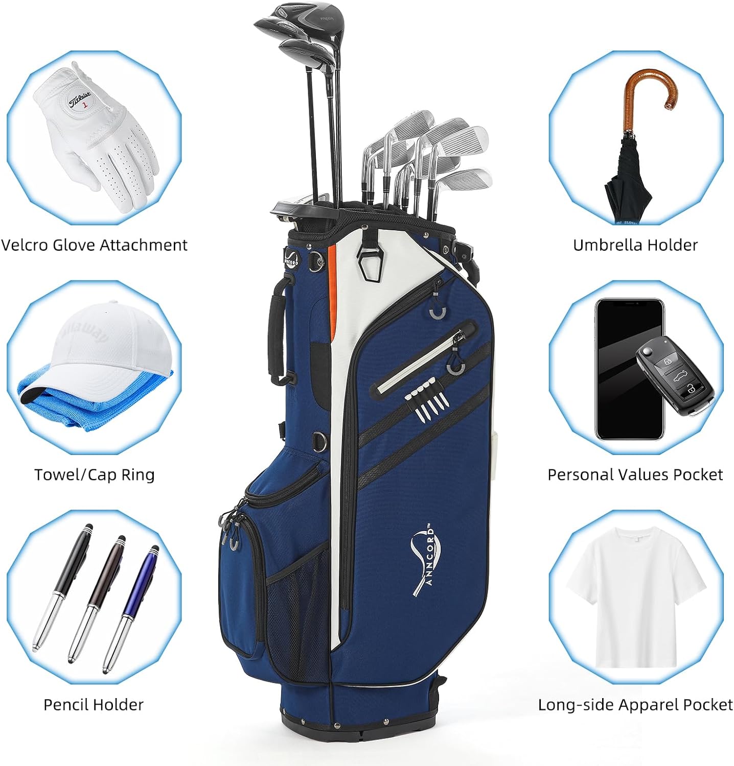 Golf Stand Bag 14 Way Top Dividers Full-Length with Stand, 7 Pockets, Lightweight Golf Bag for Men, Dual Strap, Rain Hood, Portable Golf Club Bag for Men Women