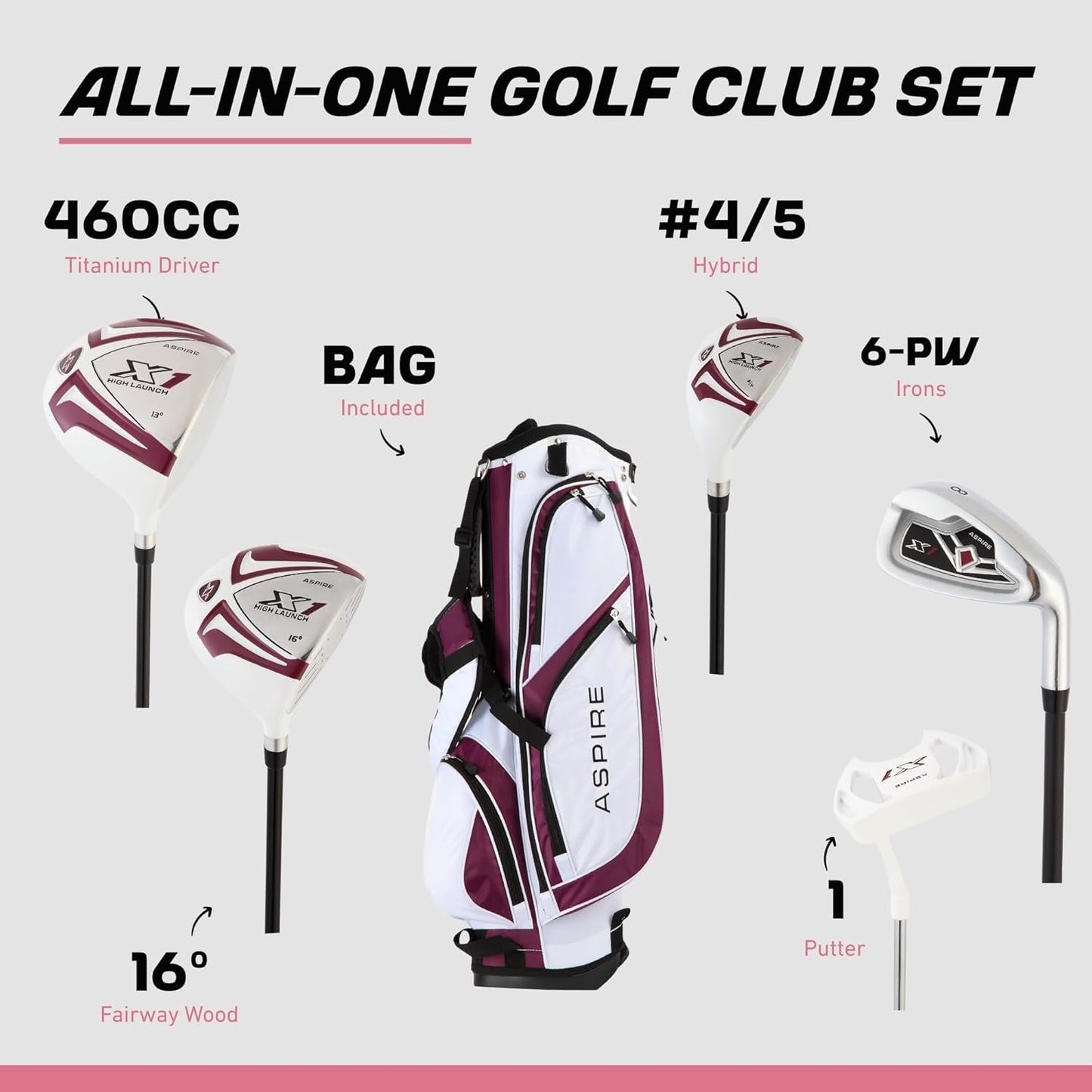 Aspire X1 Womens Golf Clubs Full Set, Includes Driver, Fairway, Hybrid, 6-PW Irons, Putter, Stand Bag, 3 H/C's, Light Graphite Shafts, Golf Clubs Women Right Handed, Purple, Regular or Petite Size