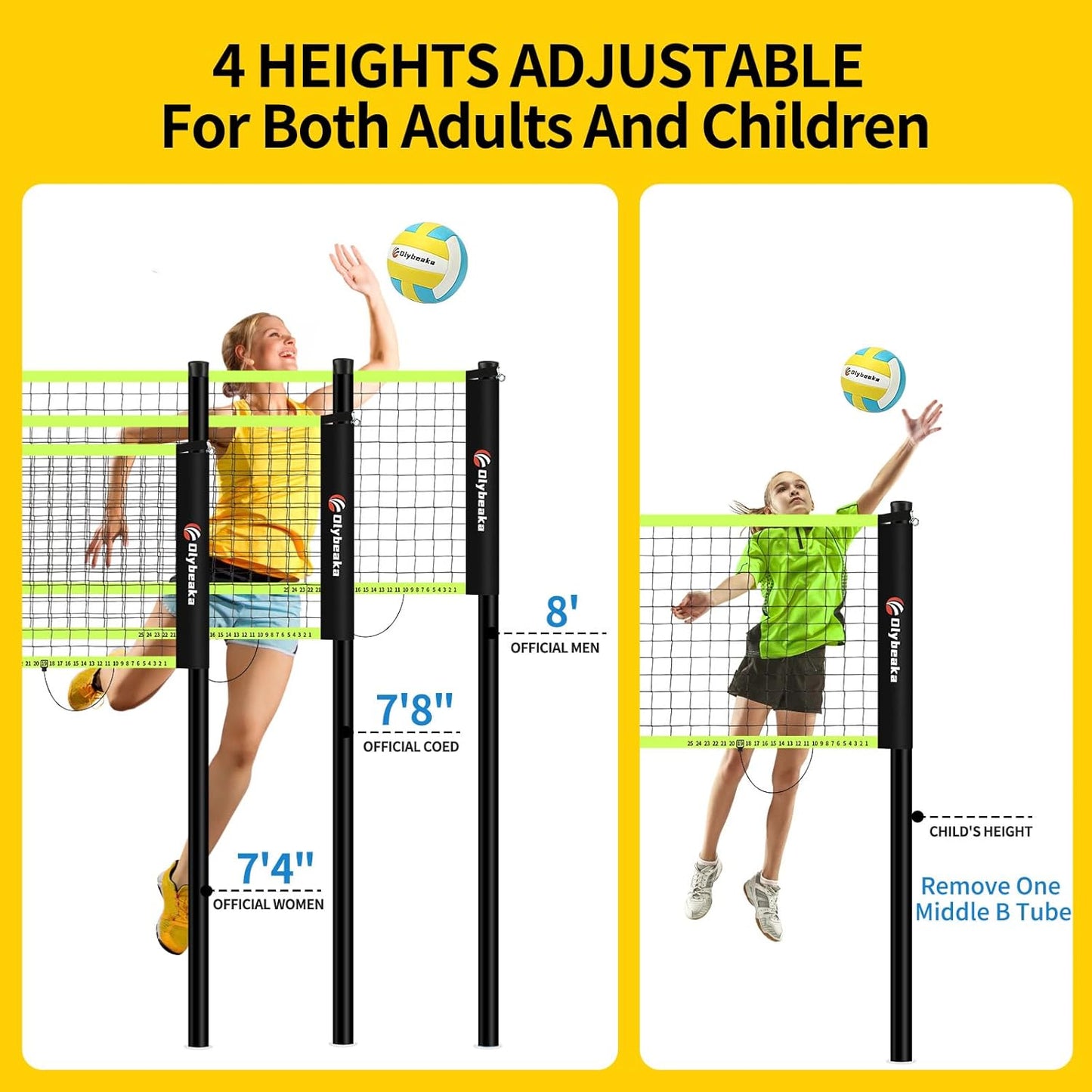 Portable Outdoor Volleyball Net Set for Backyard Beach with Adjustable Poles, Soft PU Volleyball & Pump, Carry Bag and Durable Anti-Sagging Net