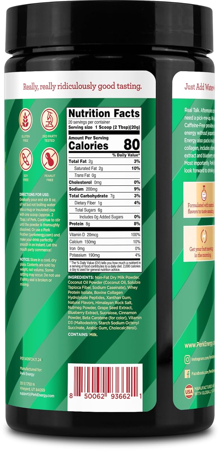 Perk Energy Original Caffeine-Free Eggnog (20 Servings) - Gluten Free, Soy Free, Peanut Free