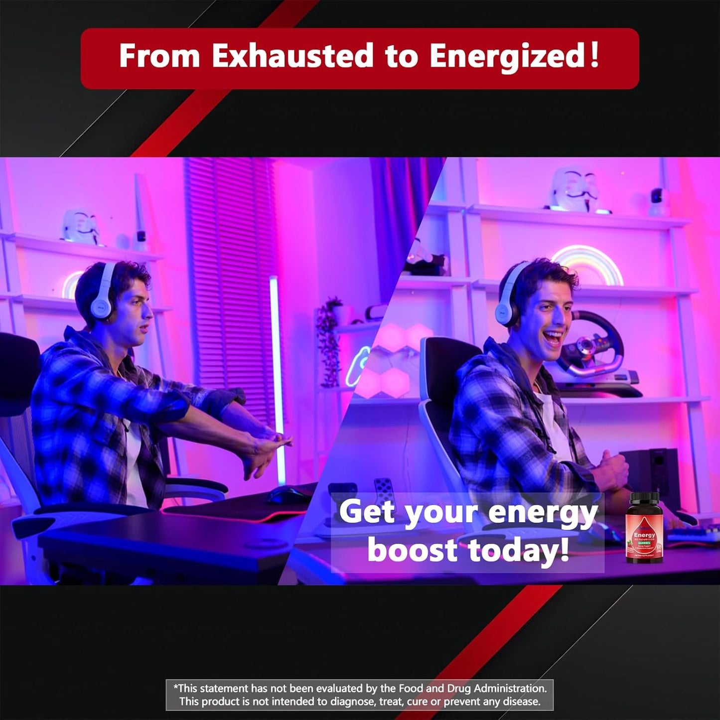 Natural Energy Gummies with Vitamin B12, Goji, CoQ10, Energy Support & Metabolism Support Chewable Supplement,GMO Free, Gluten Free (Raspberry, 60 Count)