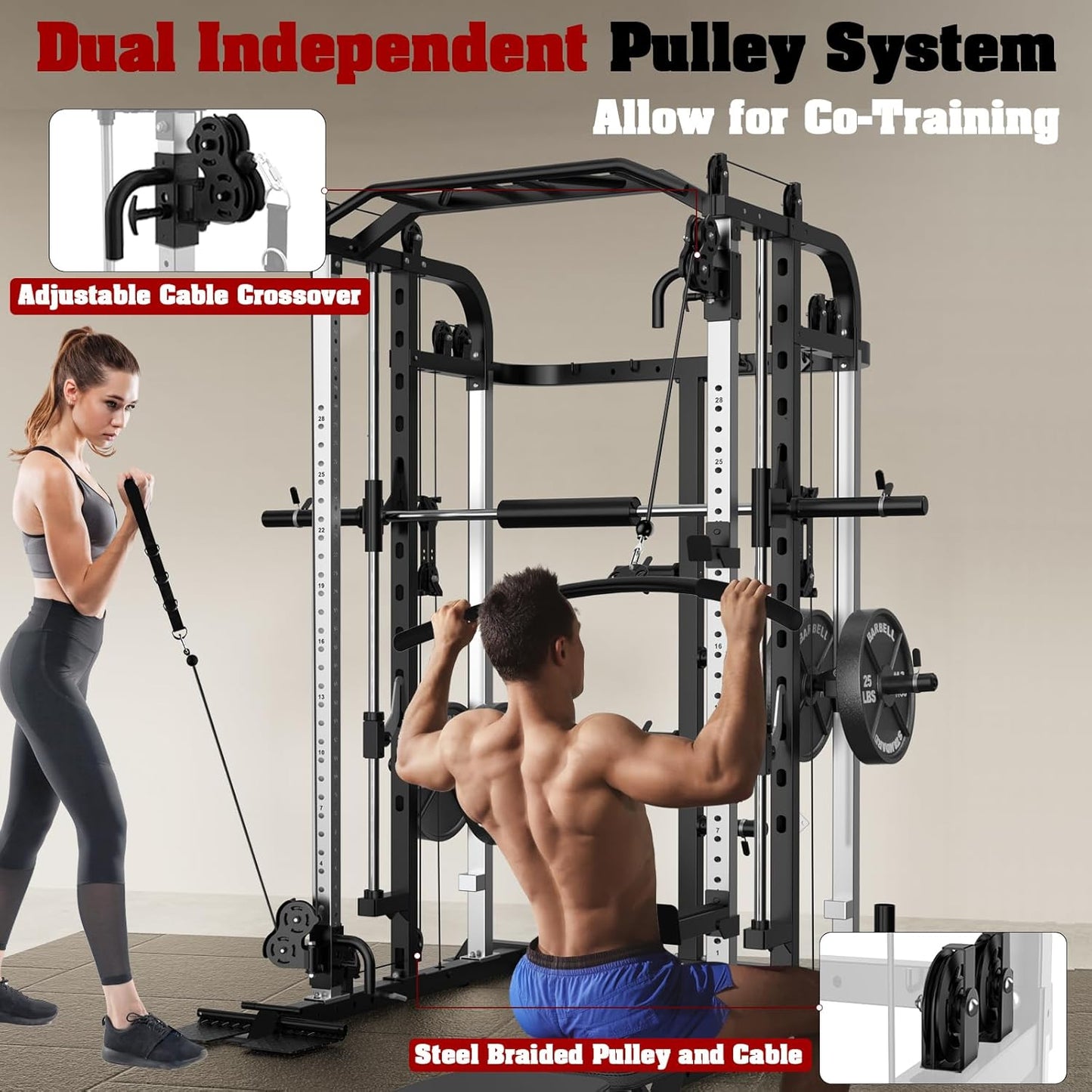 Smith Machine, Multifunctional Power Cage Rack with Smith Bar and Cable Pulley System, and LAT Pull Down Machine for Home Gym…