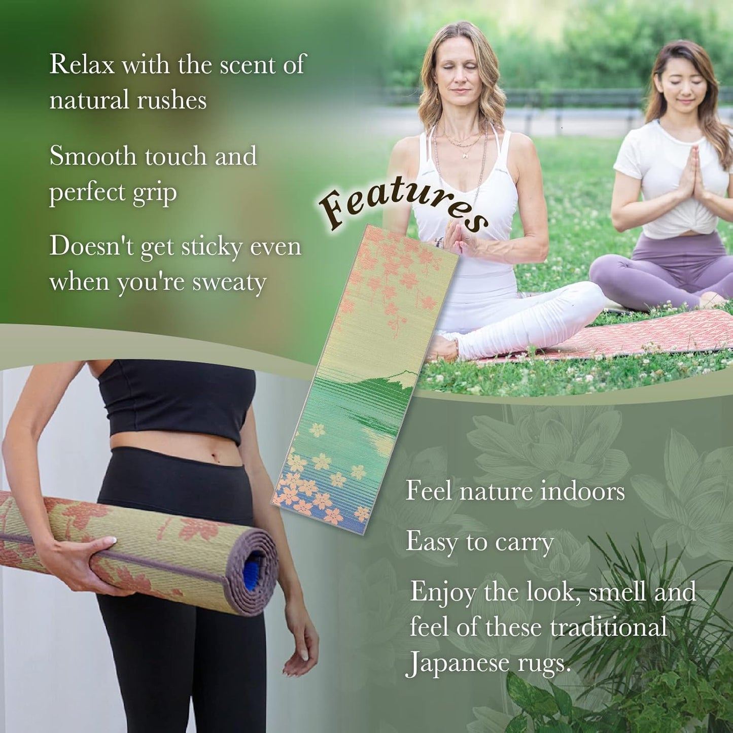 FULI Japanese Tatami Yoga Mat, Igusa Mat, Non Slip Exercise & Fitness Mats, Pilates & Floor Workouts, Made in Japan (1/4" Thick)