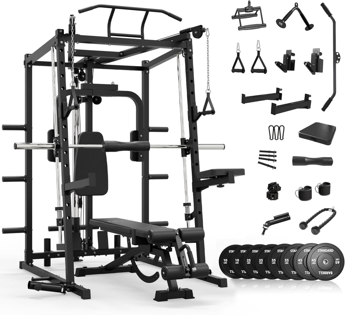 Mikolo All-in-One Smith Machine Home Gym with 230lbs Weight Plates, Power Cage with Cable Crossover, LAT Pulldown, Squat Rack & Adjustable Weight Bench
