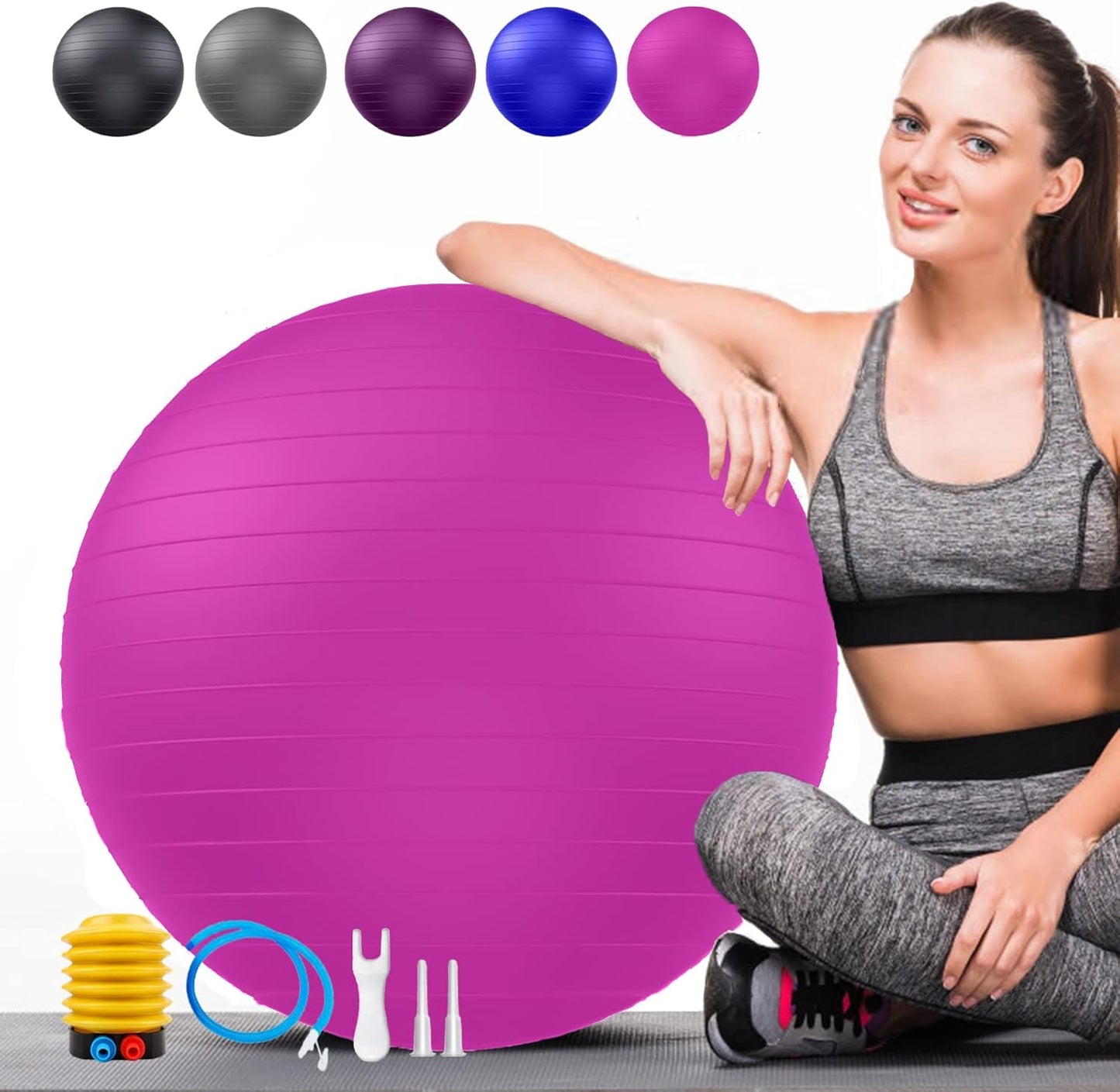 Soft Exercise Ball, Anti-Burst Yoga Ball Chair Supports 2200lbs, Stability Swiss Ball w/Pump for Pregnancy Birthing, Excersize, Workout, Fitness, Balance, Gym, Physio, Abs (Office & Home & School)