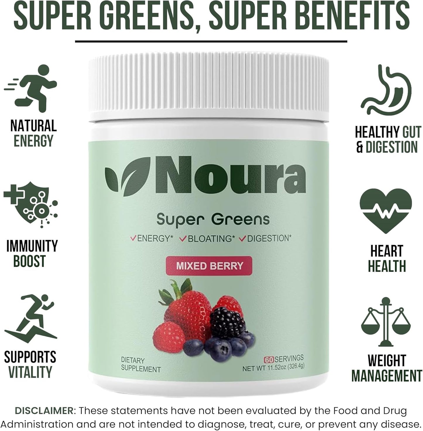 Super Greens Powder, 60 Servings - Immunity, Digestive Enzymes & Probiotics for Energy, Gut Health, Bloating Relief for Women - Greens Superfood Powder - Mixed Berry
