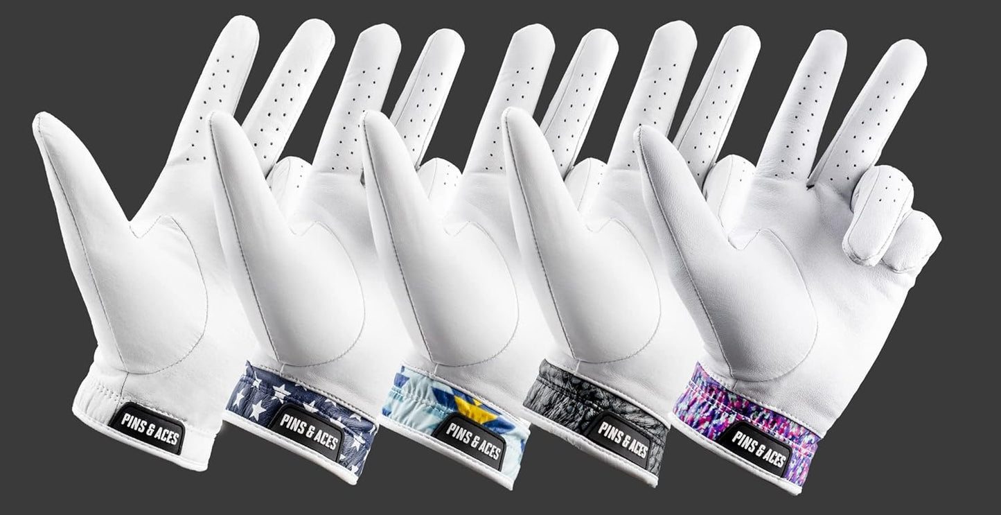 Pins & Aces - Ghost White Golf Glove Design - Premium AAA Cabretta Leather, Long-Lasting Durable Tour Glove for Men or Women - Premium Leather Golf Glove Left & Right Hand