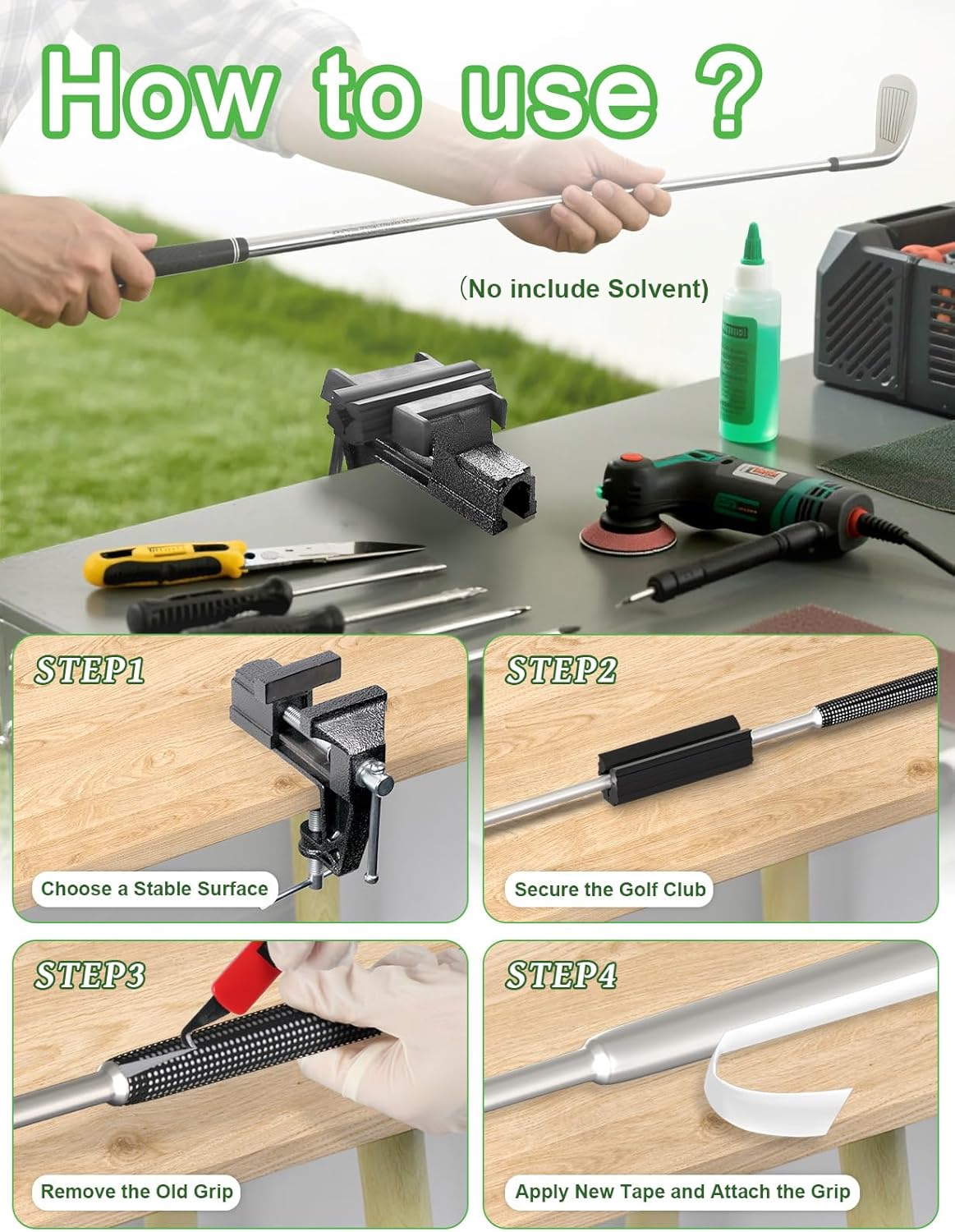 Portable Golf Grip Kit for Regripping Club, Golf Club Grip Kit for Home Travel with Anti-Slip Vise Clamp, Retractable Hook Knife, 15pcs Double-Sided Grip Tapes, A Pair of Gloves (Solvent Not Included)