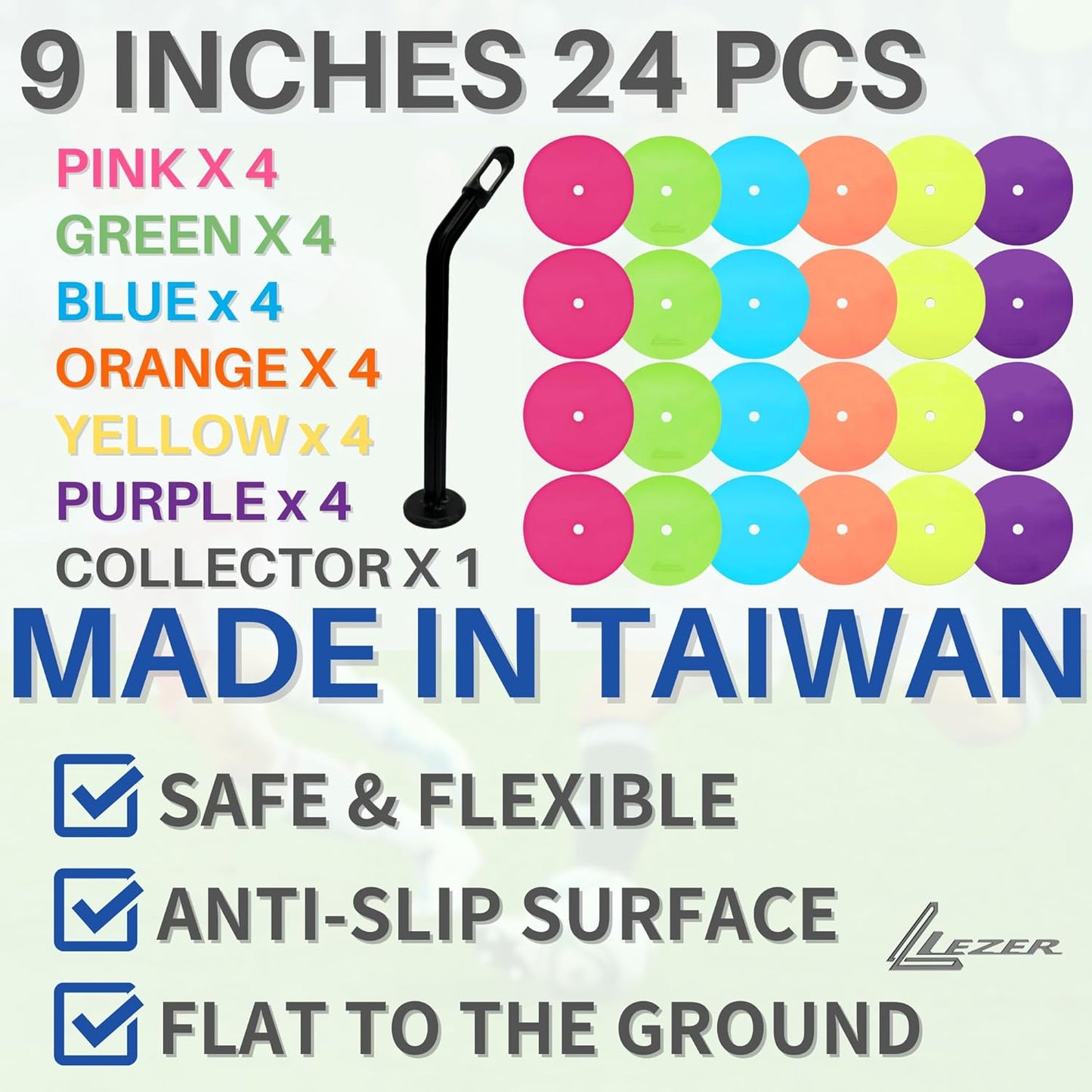 LEZER 9 Inch Flat Cones, Spot Markers, Soccer Cones, Field Court Markers, Sit Spots, Flat Discs, Soccer Training Equipment, Agility Practice, Football, Made in Taiwan