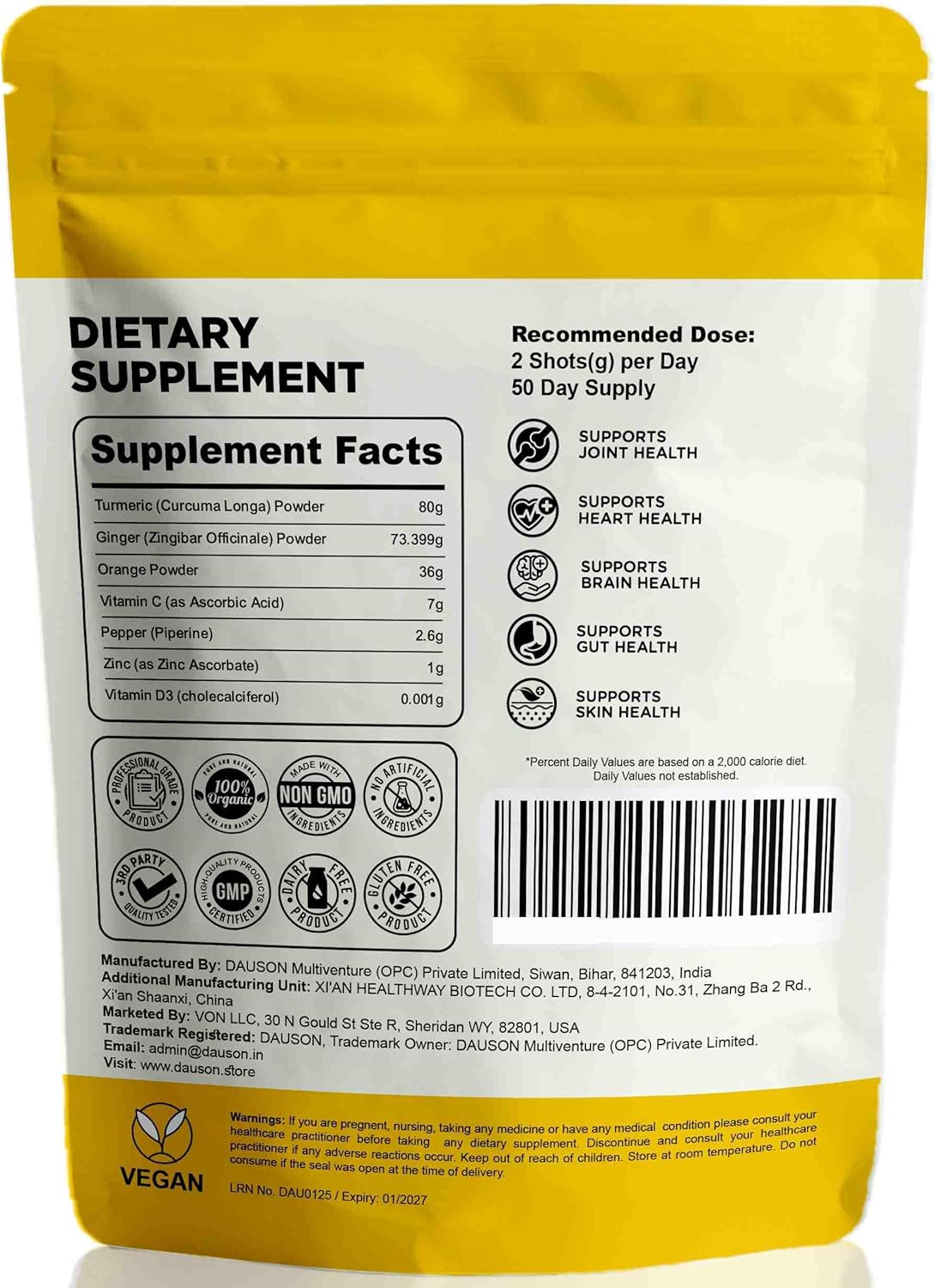 Turmeric Ginger Supplements with Piperine, Vitamin C, Vitamin D3 & Zinc | Turmeric Ginger Shots for Joint, Heart, Brain, Gut & Skin Health | 200 Servings | Ayurvedic | Powder