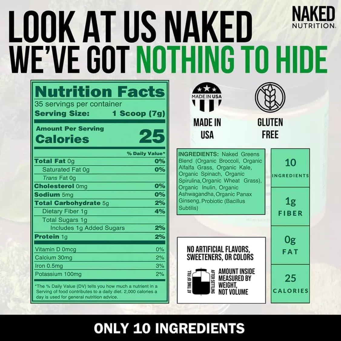 NAKED Super Greens Powder Organic Greens Supplement - Only 10 Premium Ingredients - Vegan, Non-GMO, Prebiotic and Probiotic - 35 Servings