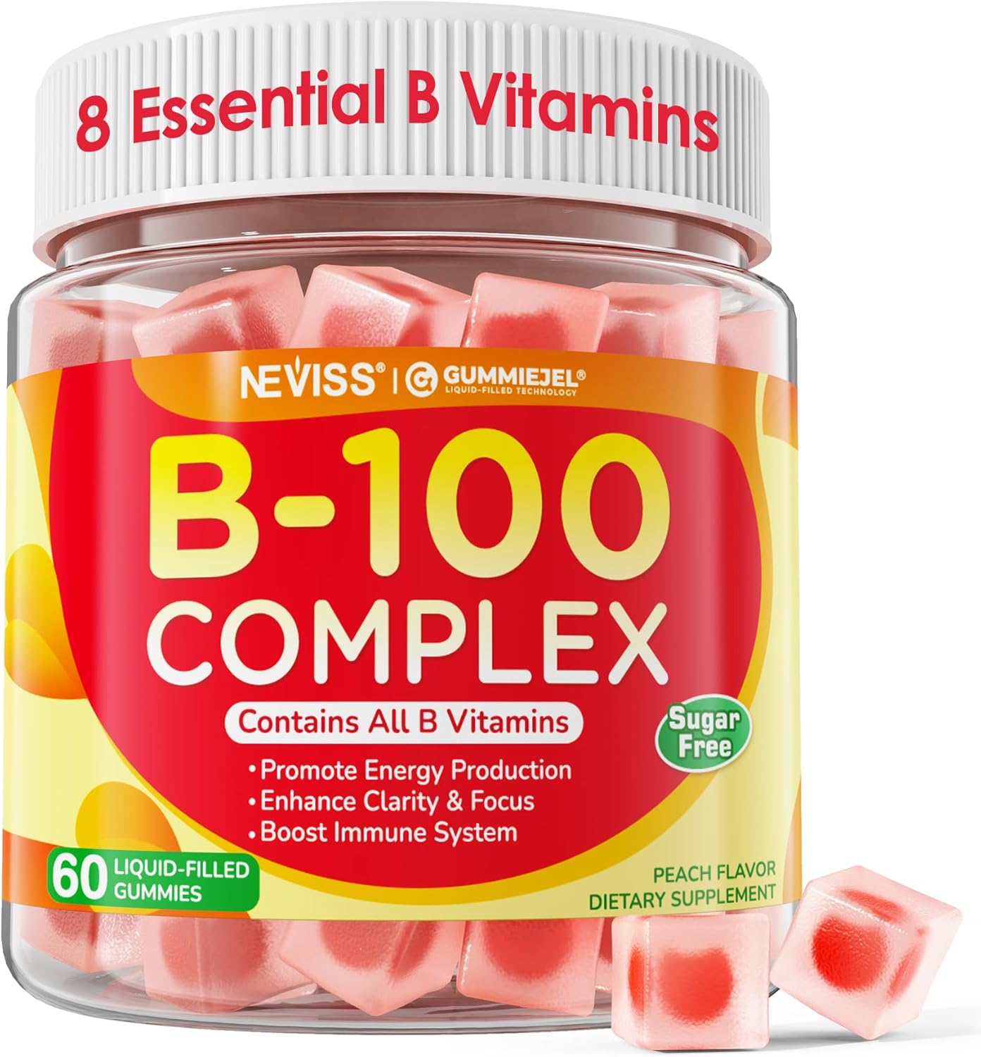 Super Vitamin B Complex Gummies - All B Vitamins Including Methyl B12, B1, B2, B3, B5, B6, Biotin, Methylfolate with Vitamin C, Choline, Inositol, PABA for Energy, Brain & Immune Support, Sugar Free