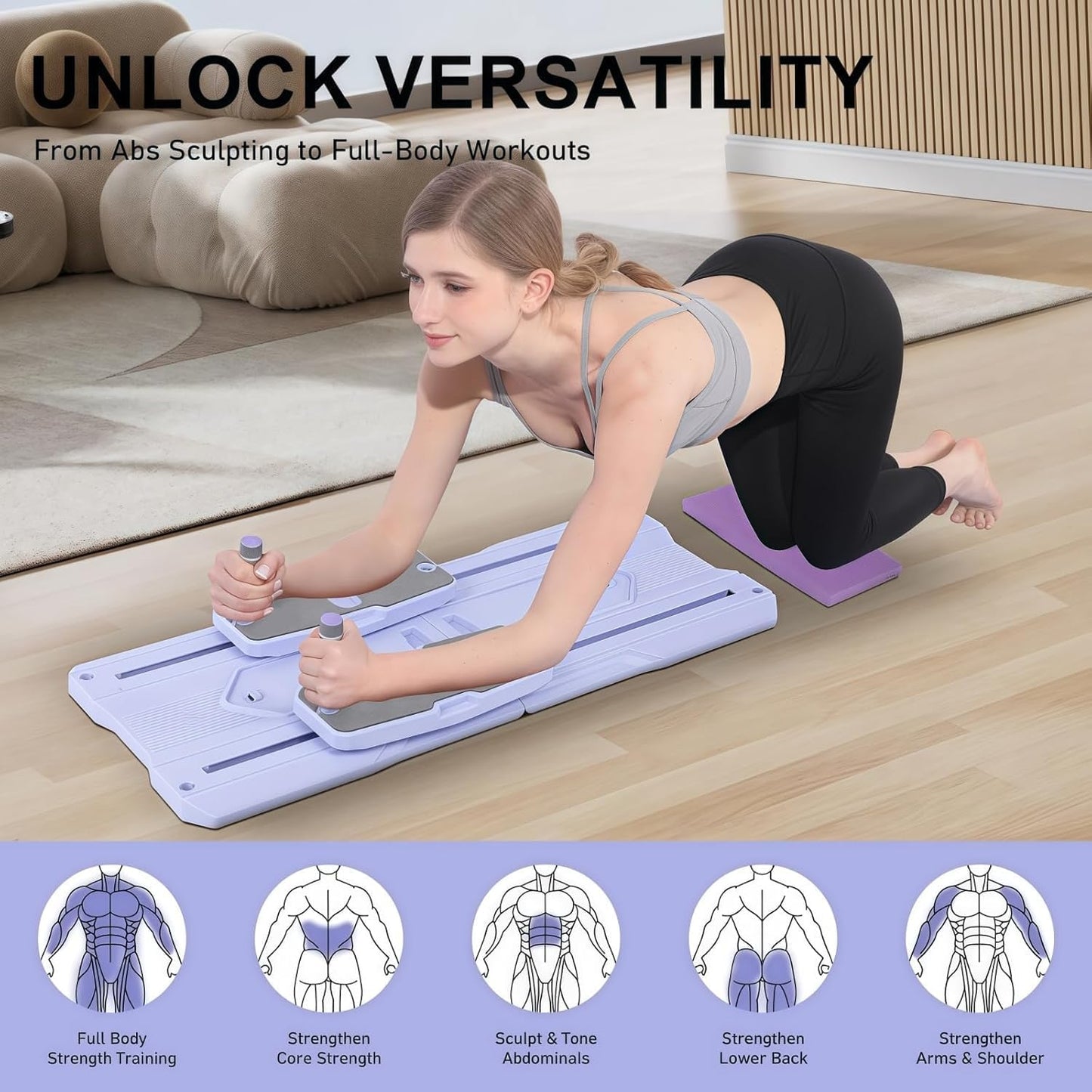 Pilates Board - 2025 Pilates Reformer Set for Full Body Workouts, Foldable Ab Core Trainer Board, 5 in 1 Multi-Purpose Pilates Board for Home with Resistance Bands, Ideal for Women & Men (Purple, L)