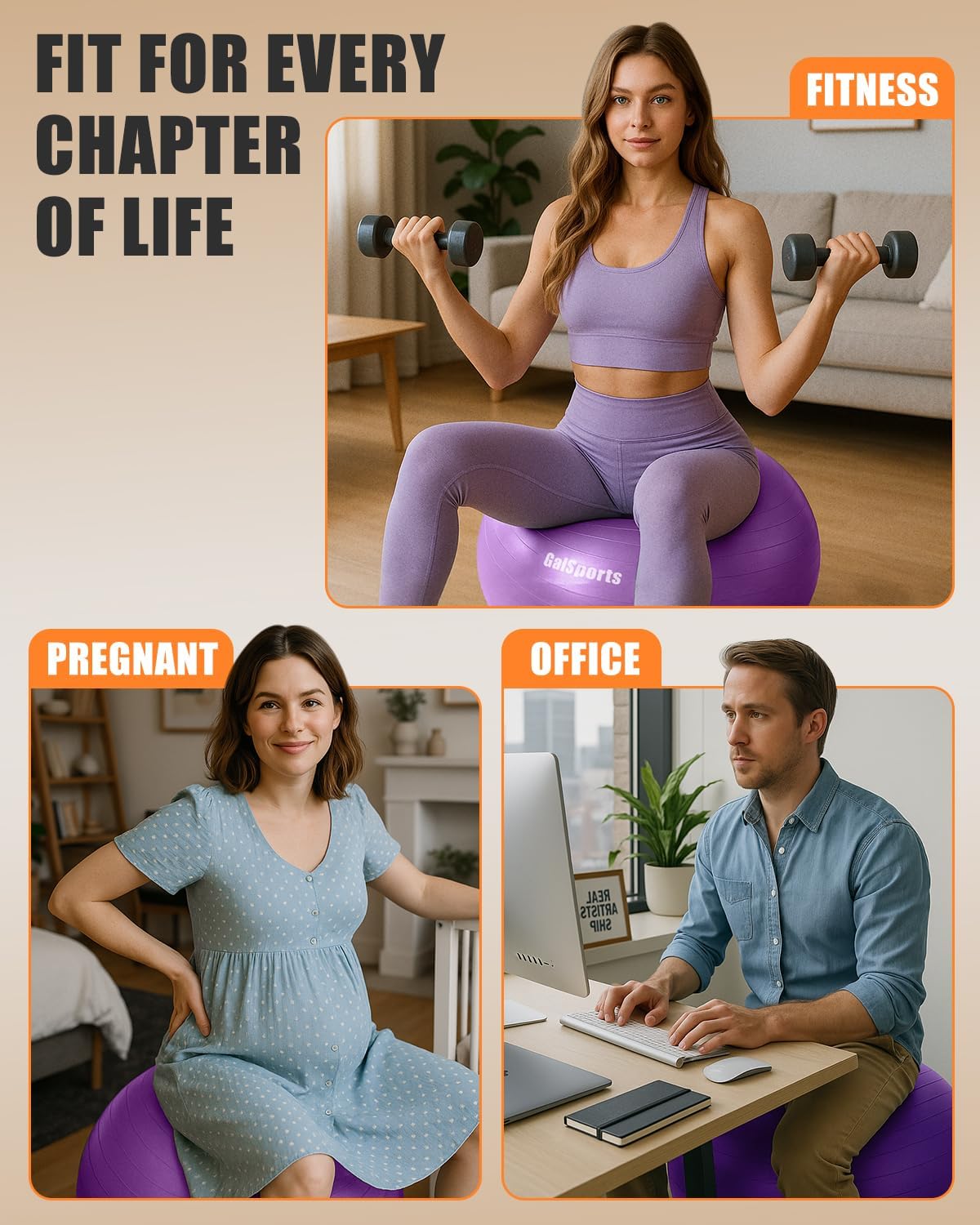 GalSports Anti-Burst Slip Resistant Stability Ball - Swiss Ball for Home Gym & Physical Therapy