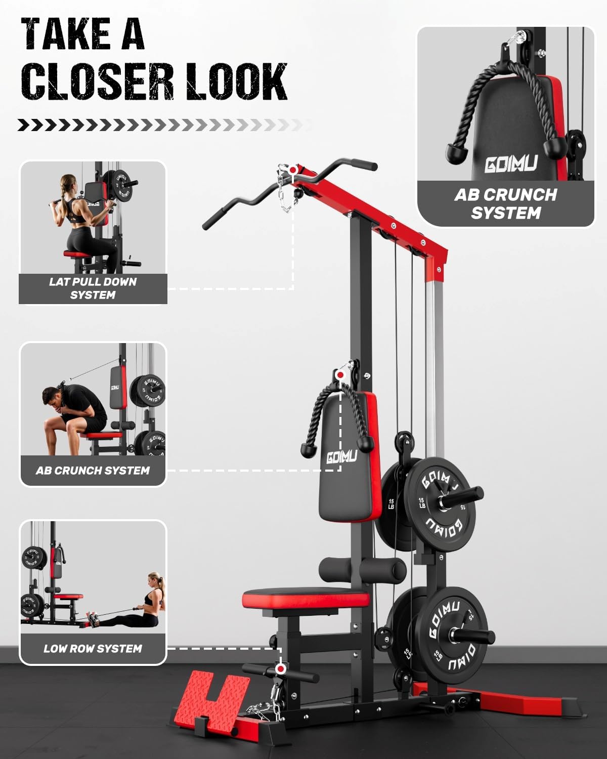 LS01 LAT Pulldown Machine, LAT Row Cable Machine with AB Crunch, LAT Tower with Cable Row Attachments, 3 in 1 Pulley Stations for Home Gym