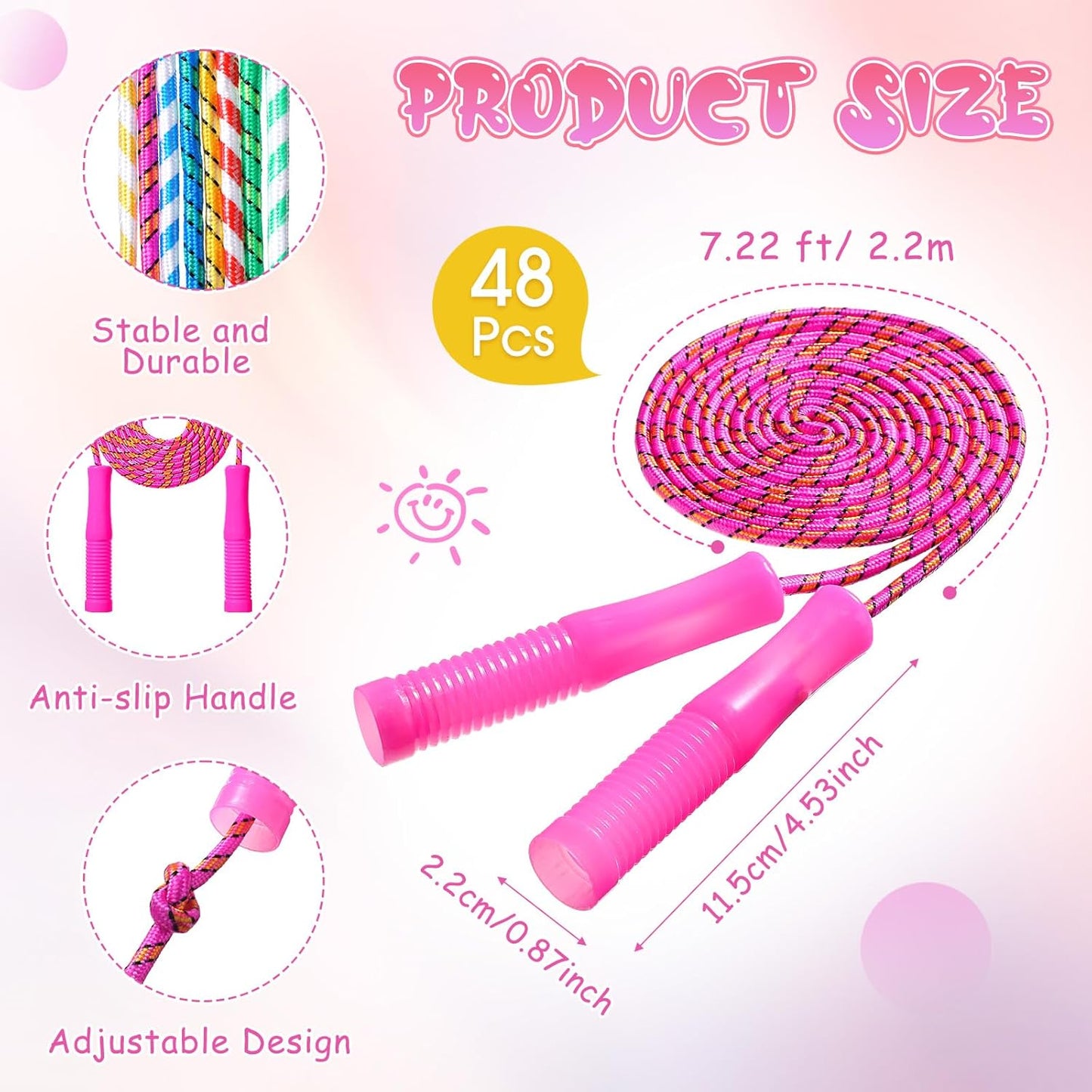 Aoriher 7. 87 ft Back to School Cotton Colorful Jump Rope for Kid Toddler Bulk Adjustable Length Stripe Skipping Rope with Plastic Handle for Outdoor Exercise Fitness Equipment Workout