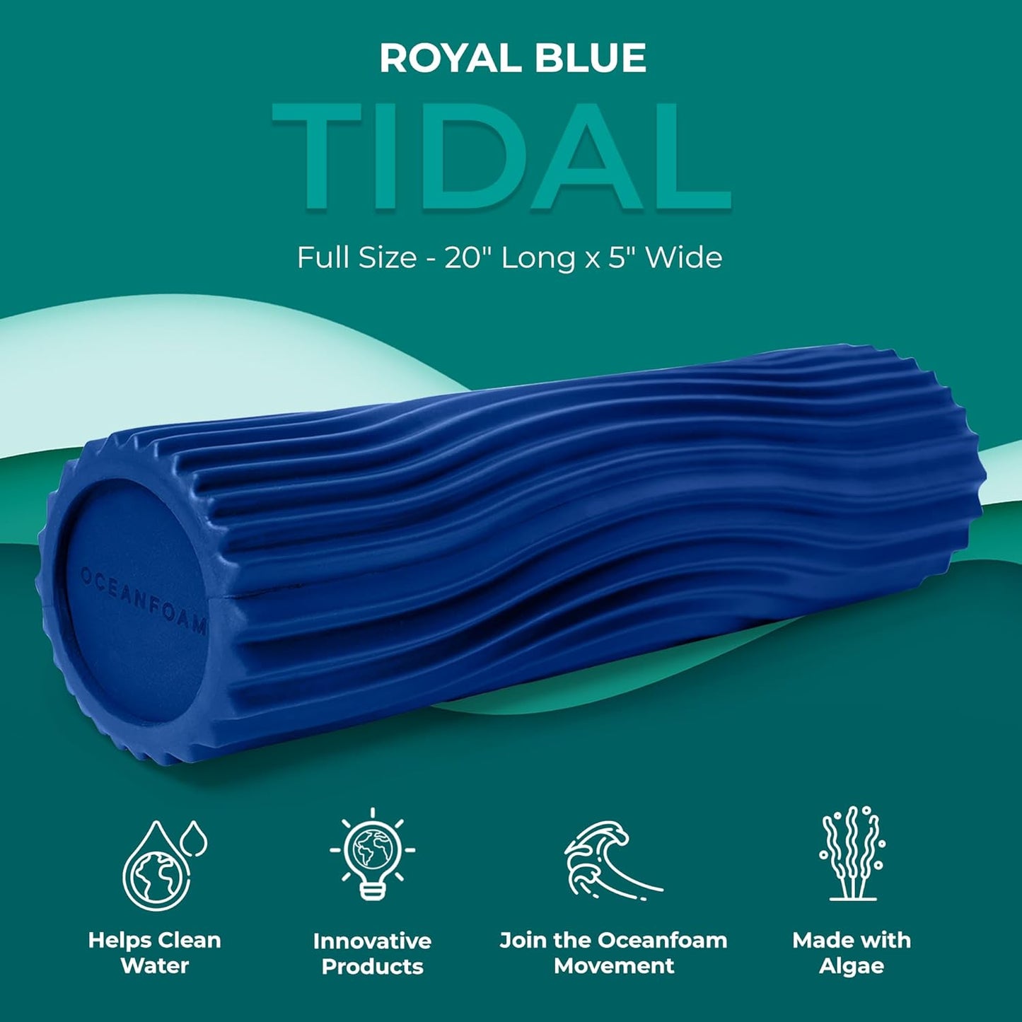 Oceanfoam Tidal Roller - Royal Blue - Muscle Massage Foam Roller for Back Pain & Stretching - Firm and Ergonomic Wide Wave Textured - Yoga, Athletics, & Wellness - Full Size, 20" x 5"