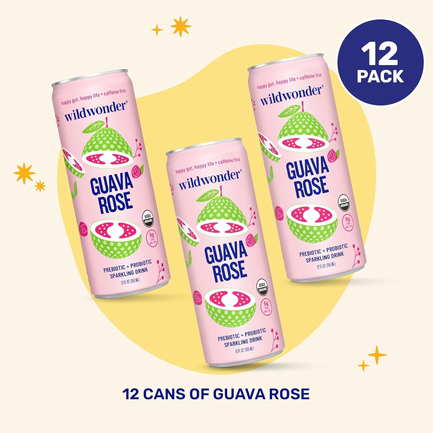 wildwonder Sparkling Probiotic Drink 12pk, For Gut Health & Immune Support, Guava Rose, 5g Prebiotic Fiber, Live Probiotics, Organic, Vegan, Low Sugar, 12 Pack, 12oz Can, As Seen on Shark Tank