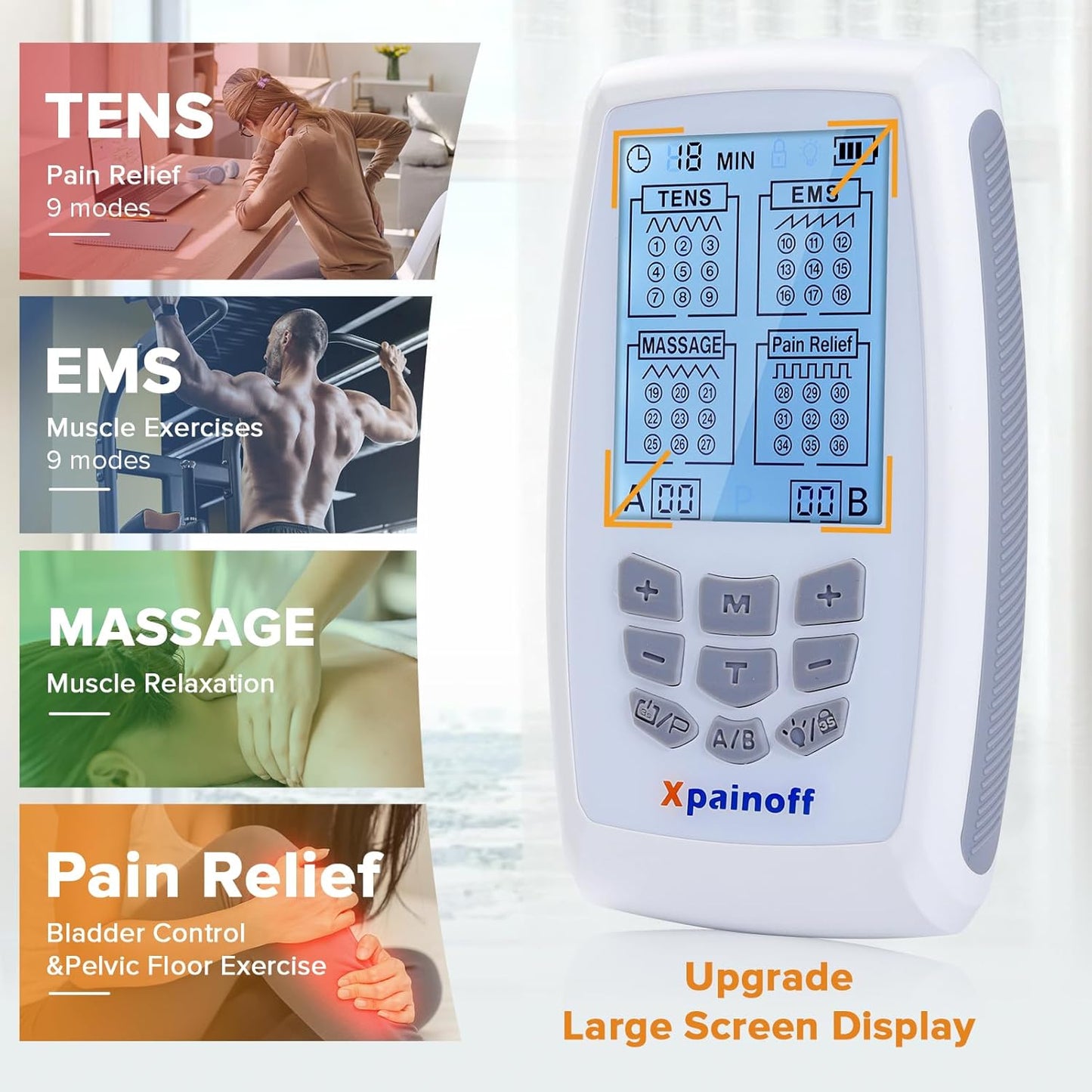 4 in 1 TNES Unit Muscle Stimulator Rechargeable Dual Channel EMS Muscle Massager Electronic Pulse Machine 36 Modes for Pain Relief Therapy,12 PCS TENS Unit Electrode Pads,Storage Case