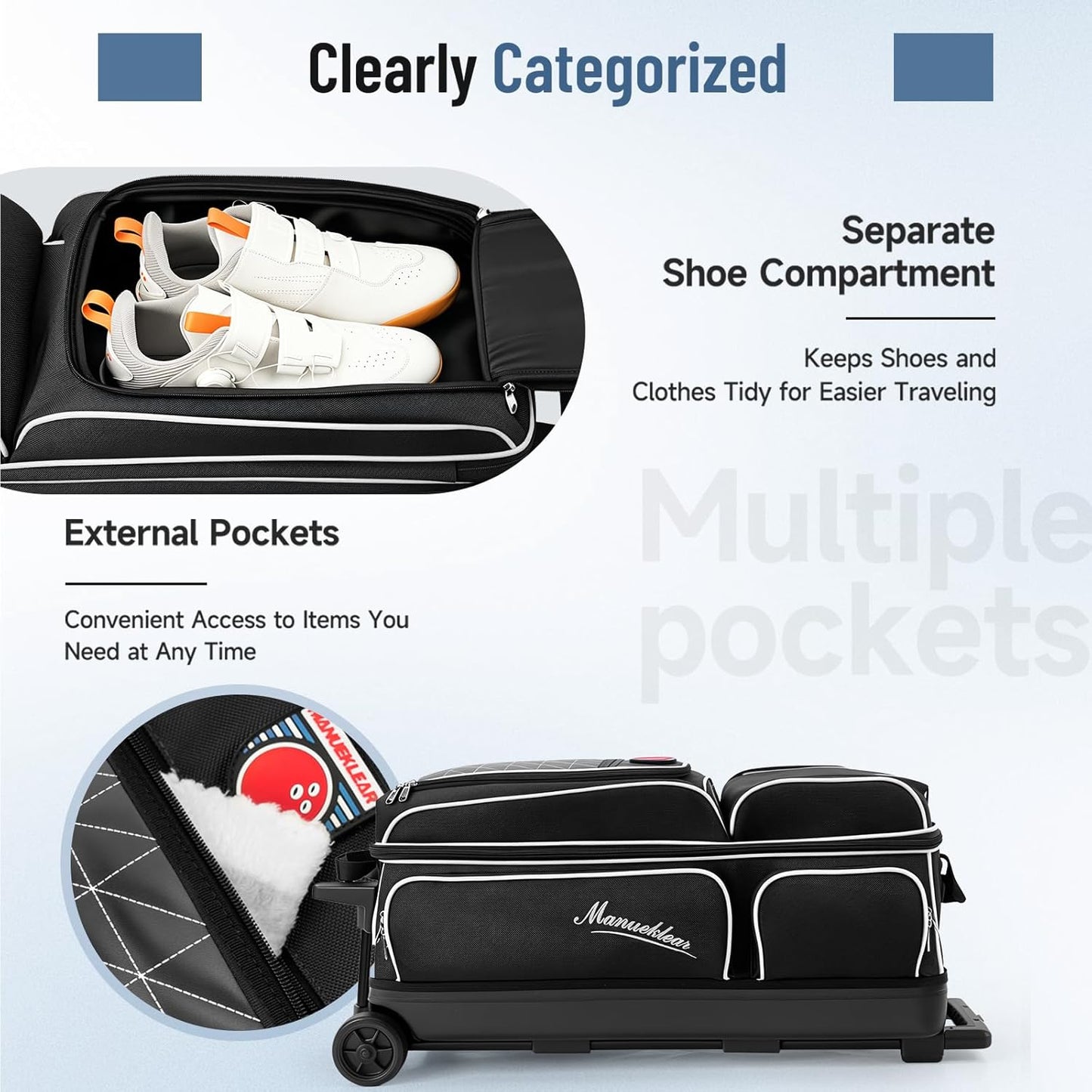 MANUEKLEAR 3 Ball Bowling Bags with Wheels, Bowling Ball Bag 3 Ball Roller with Accessory Pockets and Shoe Compartment