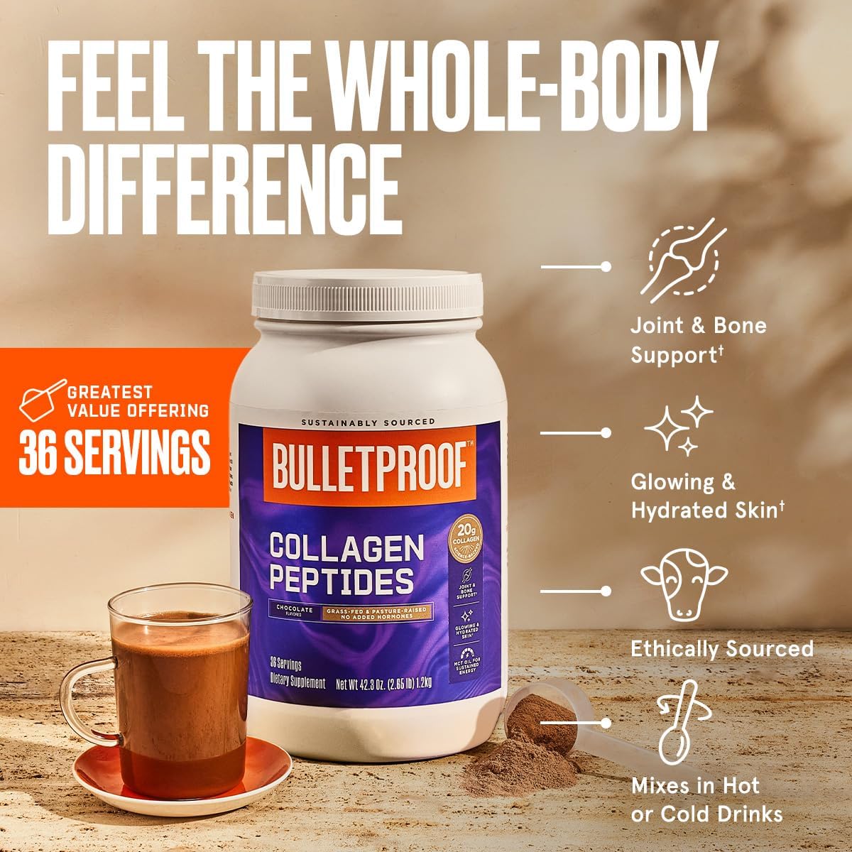 Bulletproof Chocolate Collagen Protein Powder with MCT Oil, 19g Protein, 42.3 Oz, Value Size, Collagen Peptides and Amino Acids for Healthy Skin, Bones and Joints