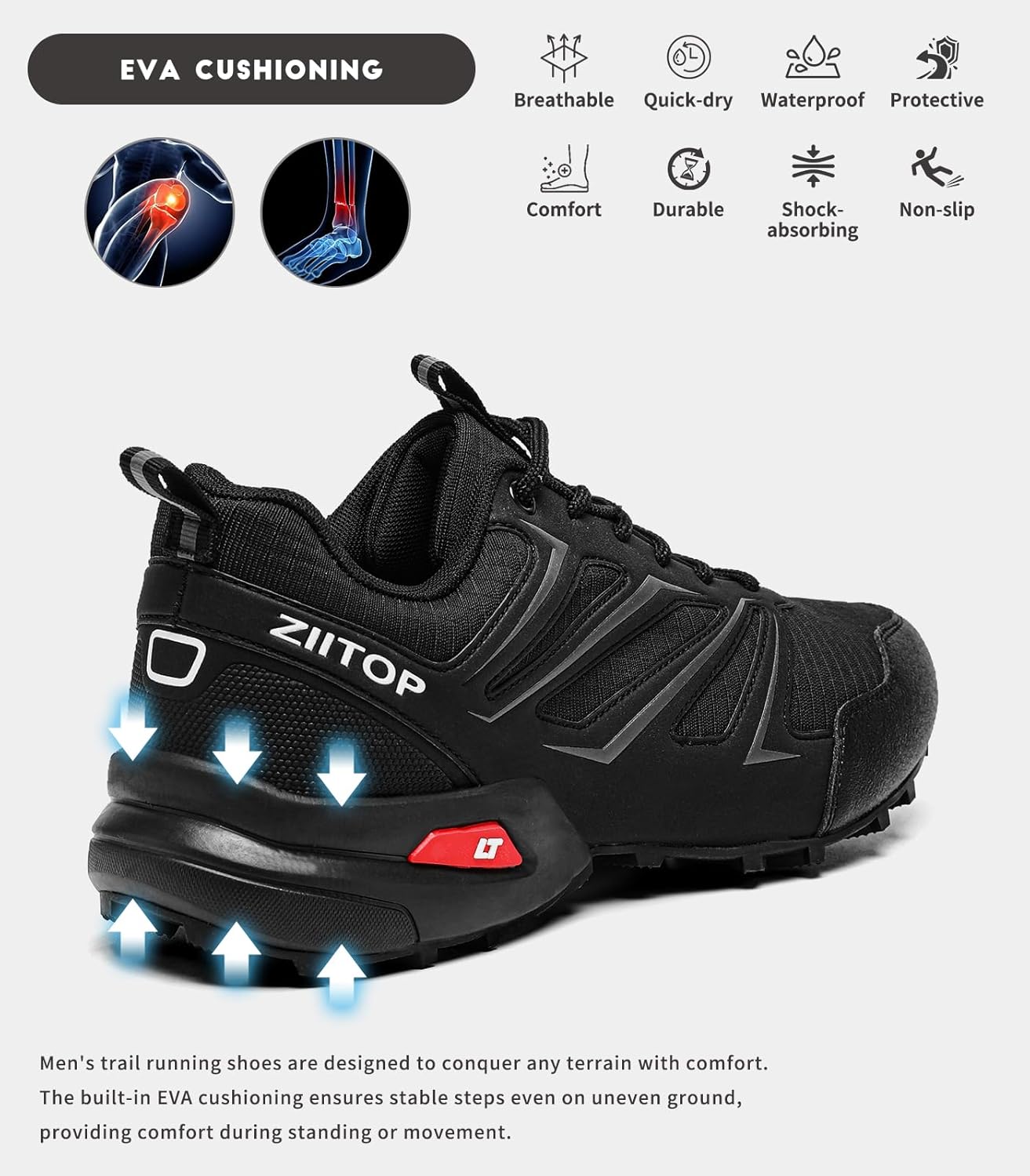 Mens Trail Running Shoes Waterproof Non-Slip Hiking Walking Sneakers for Outdoor Trailing Trekking Camping Quest Black