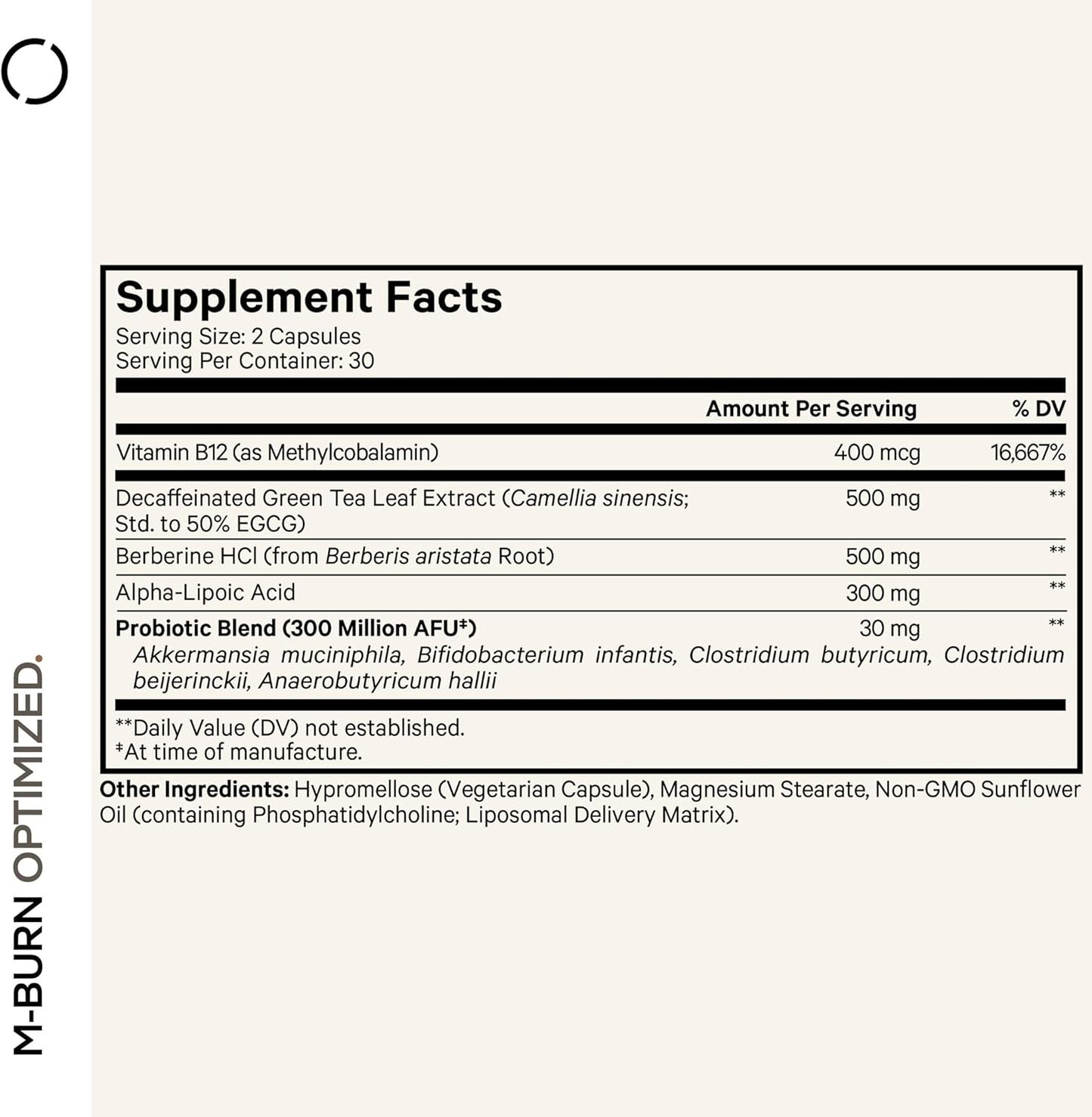 Codeage M-Burn Optimized Supplement - Decaffeinated Green Tea Std. to 50% EGCG, Berberine, Akkermansia, Vitamin B12 - Probiotics - Vitamins - 60 Capsules