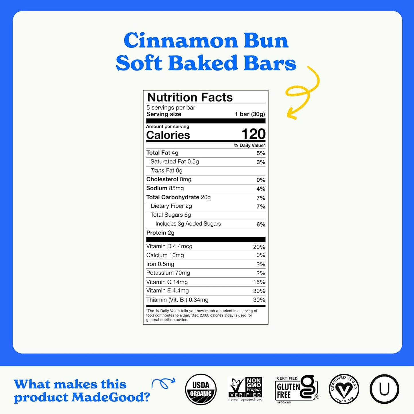 MadeGood Mornings Soft Baked Breakfast Bars, Cinnamon Bun 1.06 Oz (30 Count) Gluten Free Snacks