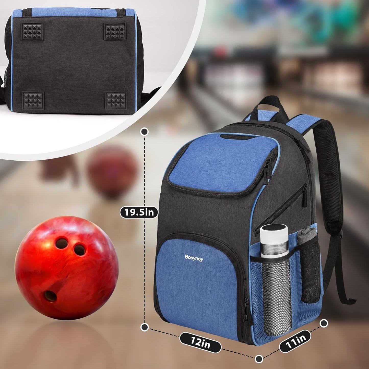 Bosynoy Bowling Backpack, Bowling Ball Bag Totes for Single Ball with Shoe Compartment & Foam Padded, Fits Shoes Up to US Mens Size 16, Grey