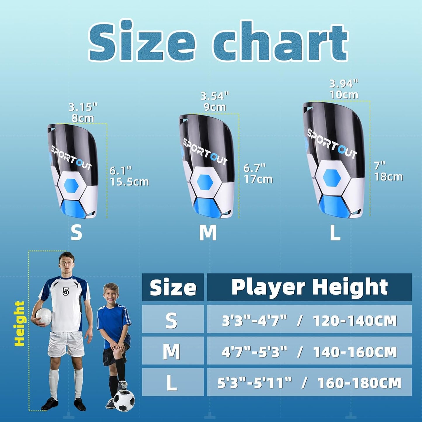 Sportout Soccer Shin Guards - Shin Guards Soccer Kids Youth Adult Protective Shin Pads with Sleeves and Insert Pocket for Boys Girls for Age 4-6, 6-8, 8-10,10-12,12-14,14-Adult