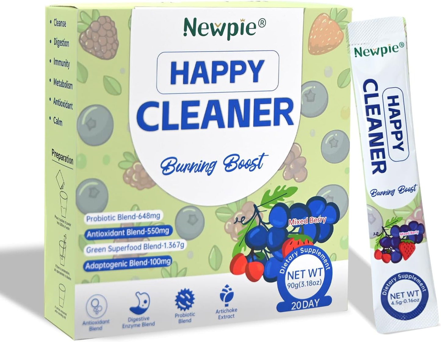Newpie Superfoods Happy Cleaner Probiotic Powder,Watermelon Flavor Prebiotic & Probiotic Powder,Organic Fiber,Sugar Free,Gut Health,Natural Antioxidant for Women Men (20 Packet, Mixed Berry)