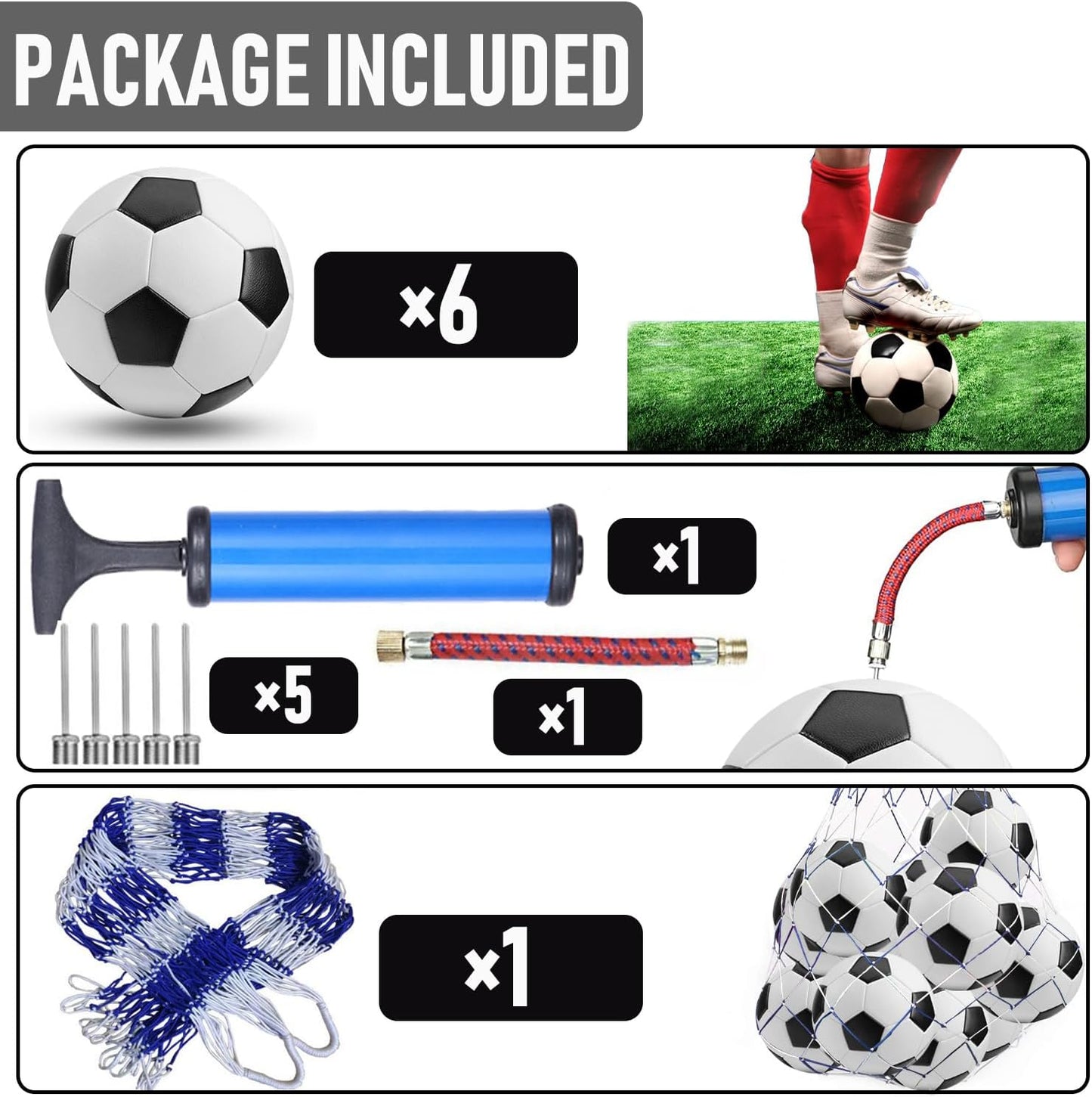 6 Pack Classic Soccer Balls Size 5/4/3 Includes Ball Pump and Net Bag，Soccer Training Ball Practice for Kids and Adults，Competition Soccer for Indoor Outdoor