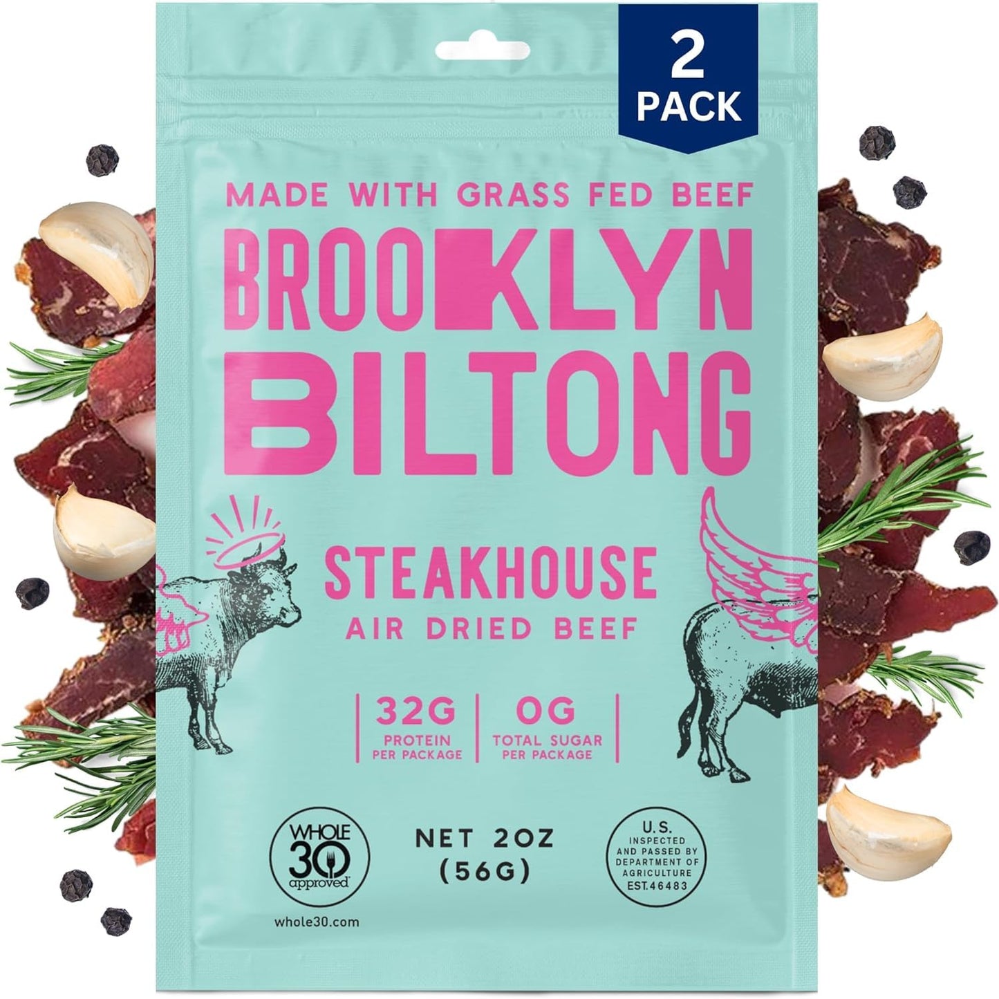 Brooklyn Biltong Air Dried Grass Fed Beef Snack, South African Beef Jerky (2 oz, Pack of 2) - Whole30 Approved, Paleo, Keto, Gluten Free, Sugar Free, Made in USA - (Steakhouse)