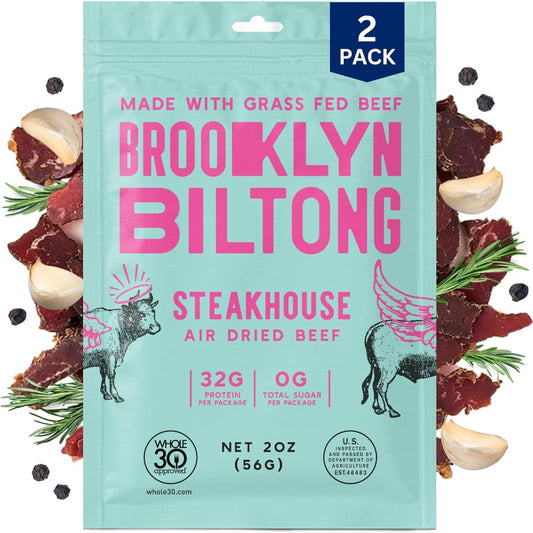Brooklyn Biltong Air Dried Grass Fed Beef Snack, South African Beef Jerky (2 oz, Pack of 2) - Whole30 Approved, Paleo, Keto, Gluten Free, Sugar Free, Made in USA - (Steakhouse)