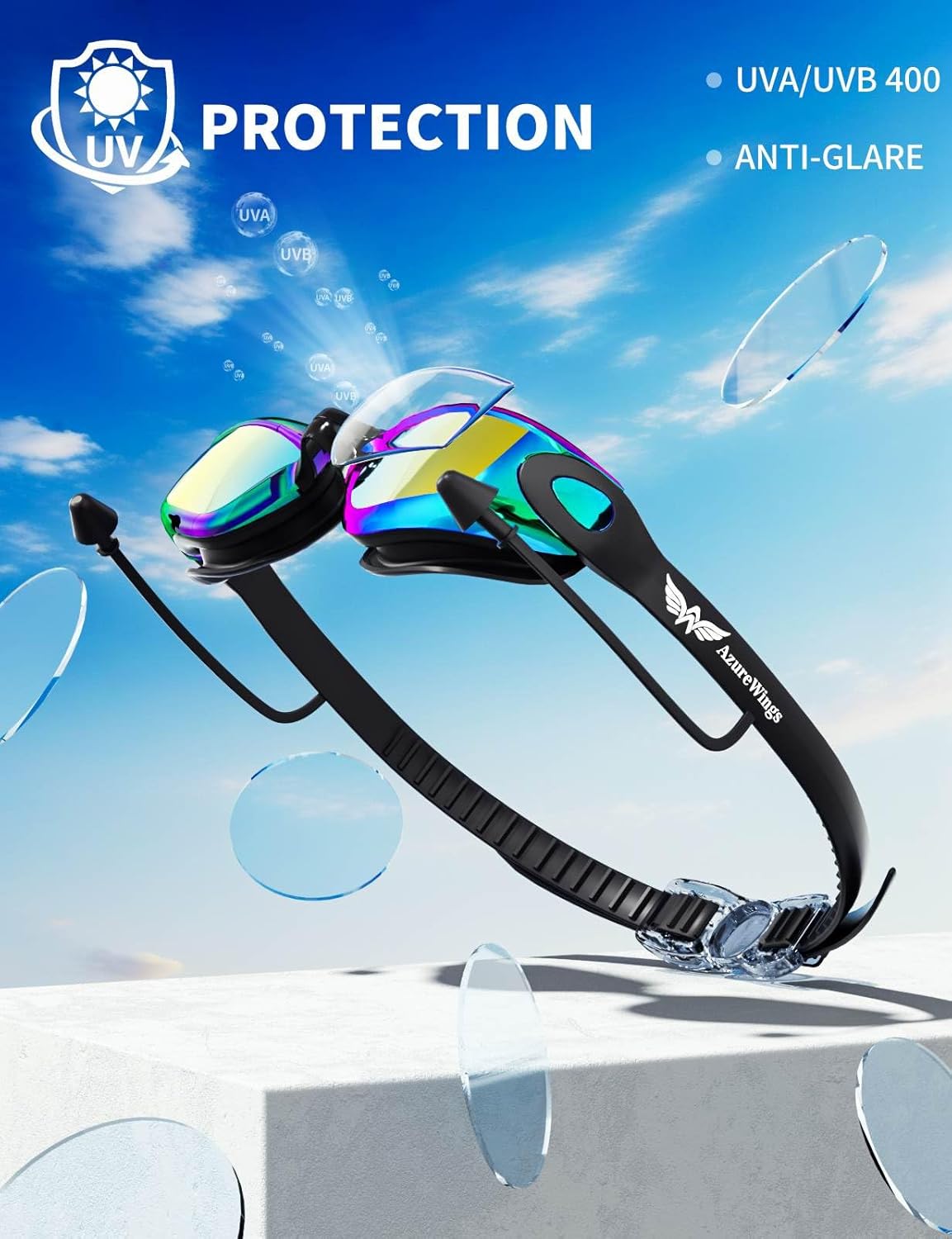 7 in 1 Swim Goggles + Swim Cap for Men Women,No Leak Anti-Fog & UV, Wide Visio HD Mirror PC Lens