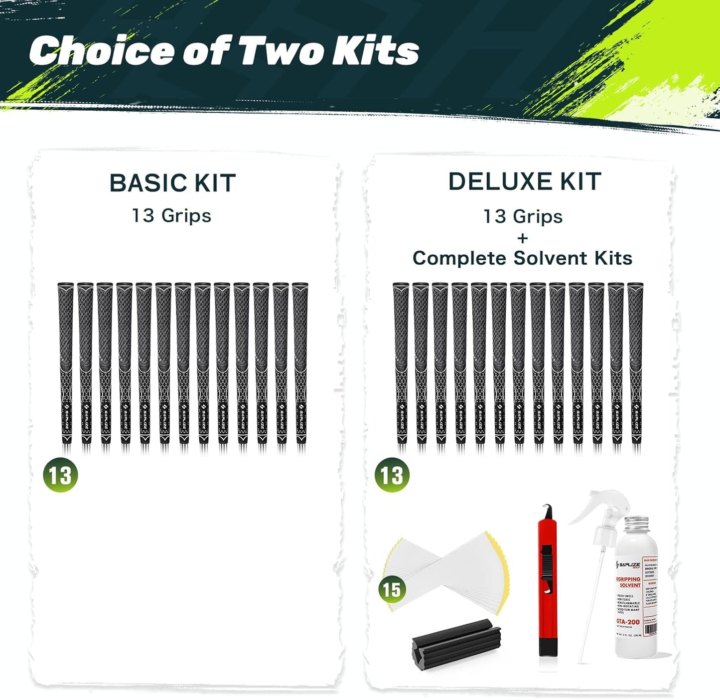 SAPLIZE Hybrid Golf Grips (CL07) - Set of 13, Innovative Design, Cross Corded Rubber Technology, Options of 8 Colors, Standard/Midsize, Basic/Deluxe Kit for Choice, Multicompound Golf Club Grips