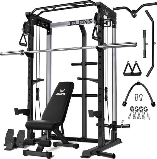 Power Cage, 2000LBS Multi-Function C21 Power Rack with Dual Pulley Cable Crossover System, All-in-One Squat Rack with More Training Attachments