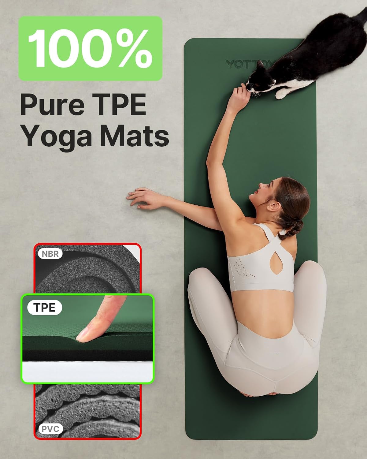 Yoga Mat,Non-Slip TPE Exercise Mat(1/4 Inch) for Pilates, Fitness & Barefoot Workouts, Home Gym Studio with Strap & Bag