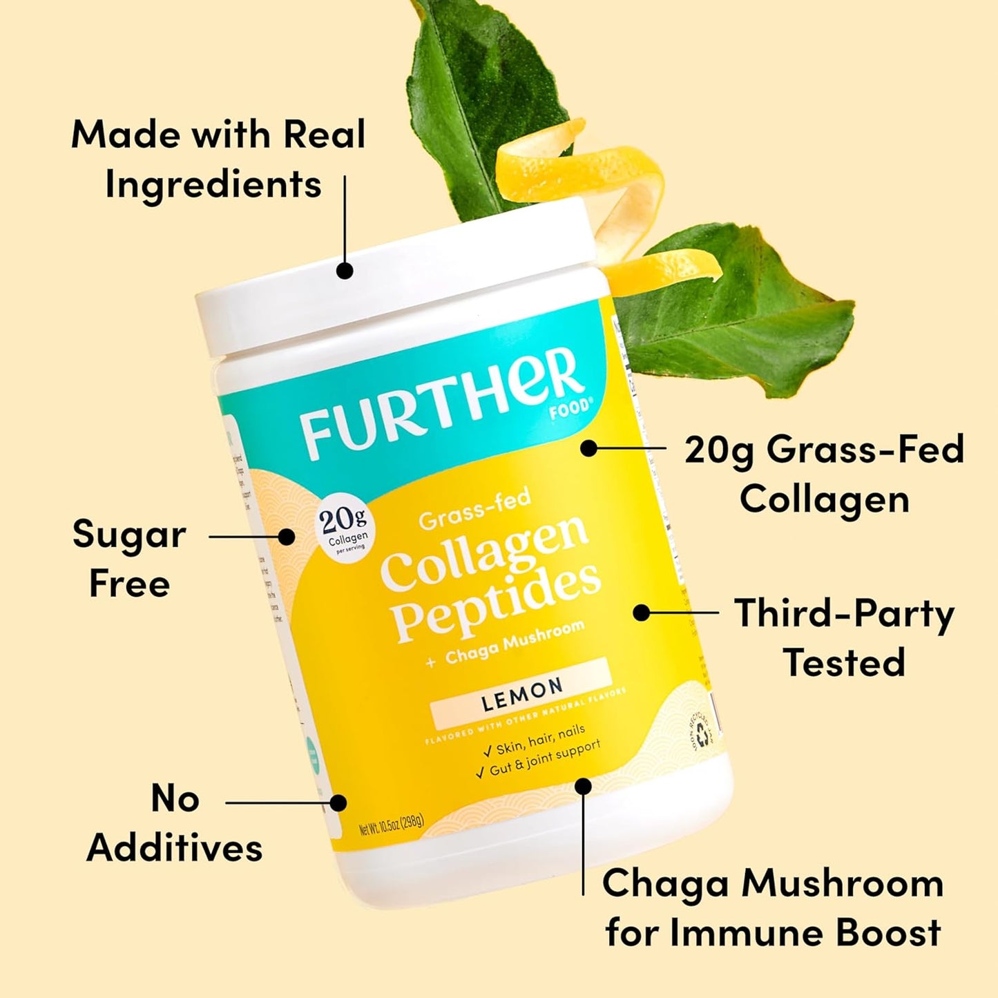 Further Food Lemon Collagen Peptides Powder, Grass-Fed Pasture-Raised Hydrolyzed Type 1 & 3 Protein, Gut Health + Joint, Hair, Skin, Nails, Paleo Keto Sugar-Free 10.50 oz