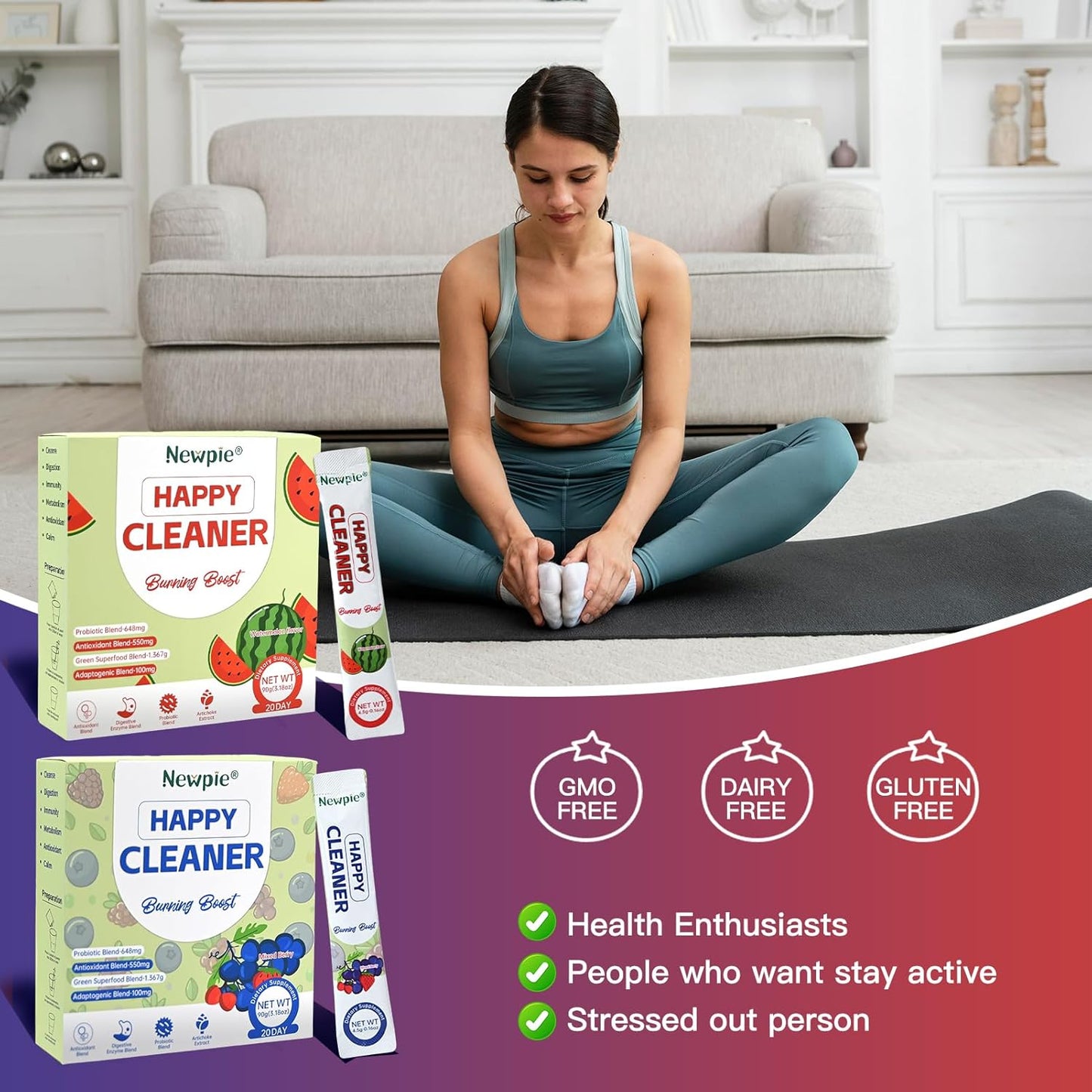 Newpie Superfoods Happy Cleaner Probiotic Powder,Watermelon&Mixed Berry Flavor Organic Prebiotic & Probiotic Fiber Powder,Sugar Free,Gut Health For Women Men (20+20 Packet, Watermelon&Mixed Berry)